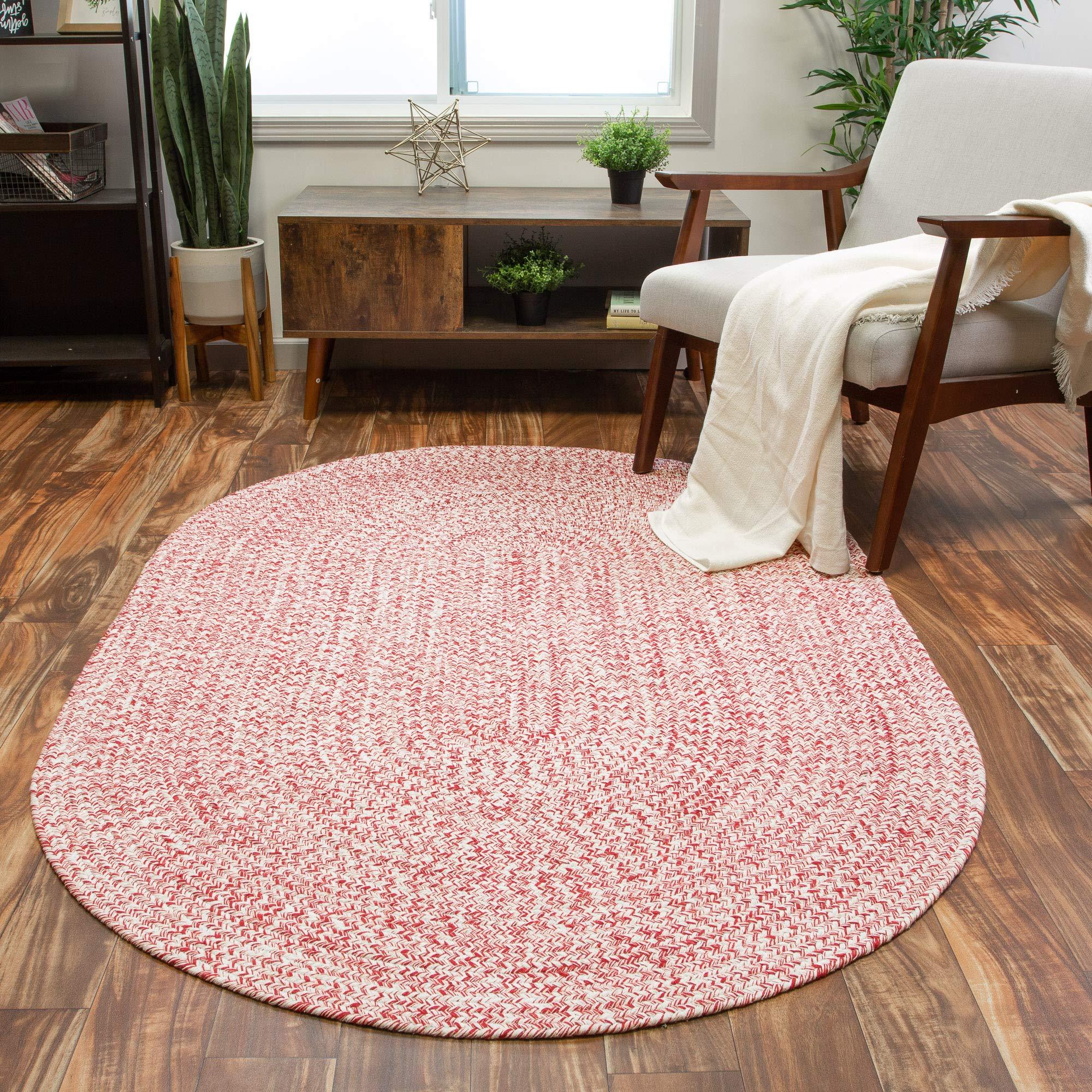 Super Area Rugs Super Area Rugs Farmhouse Braided Rug Cotton Kitchen Reversible Carpet, Red & White, 3' X 5' Oval