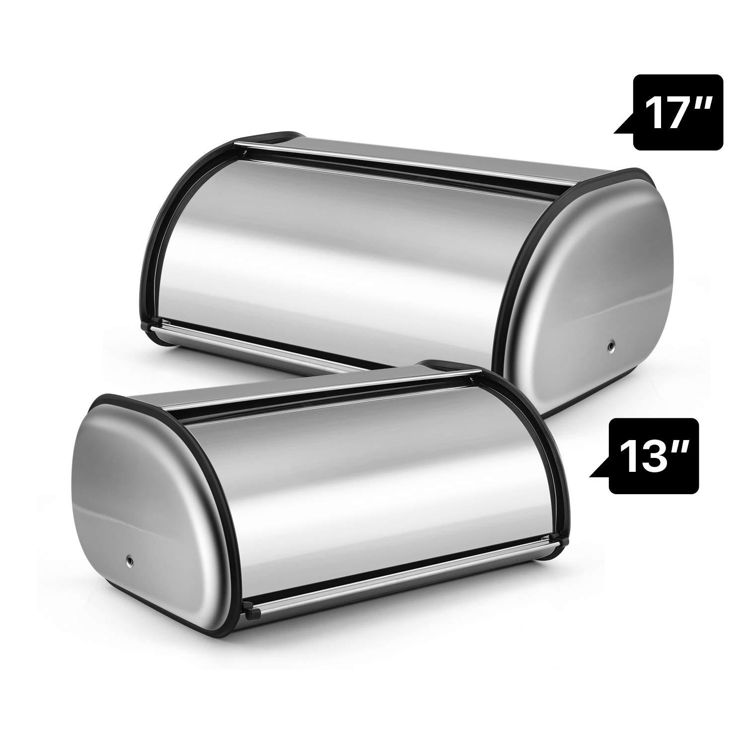 Flexzion Flexzion Stainless Steel Bread Box For Kitchen Countertop (17 inch) Metal Roll Up Top Lid Storage Container Bin Keeper for Cake Buns Toasts Loaves Pastries Pancakes, Ideal for Restaurant Home Kitchen