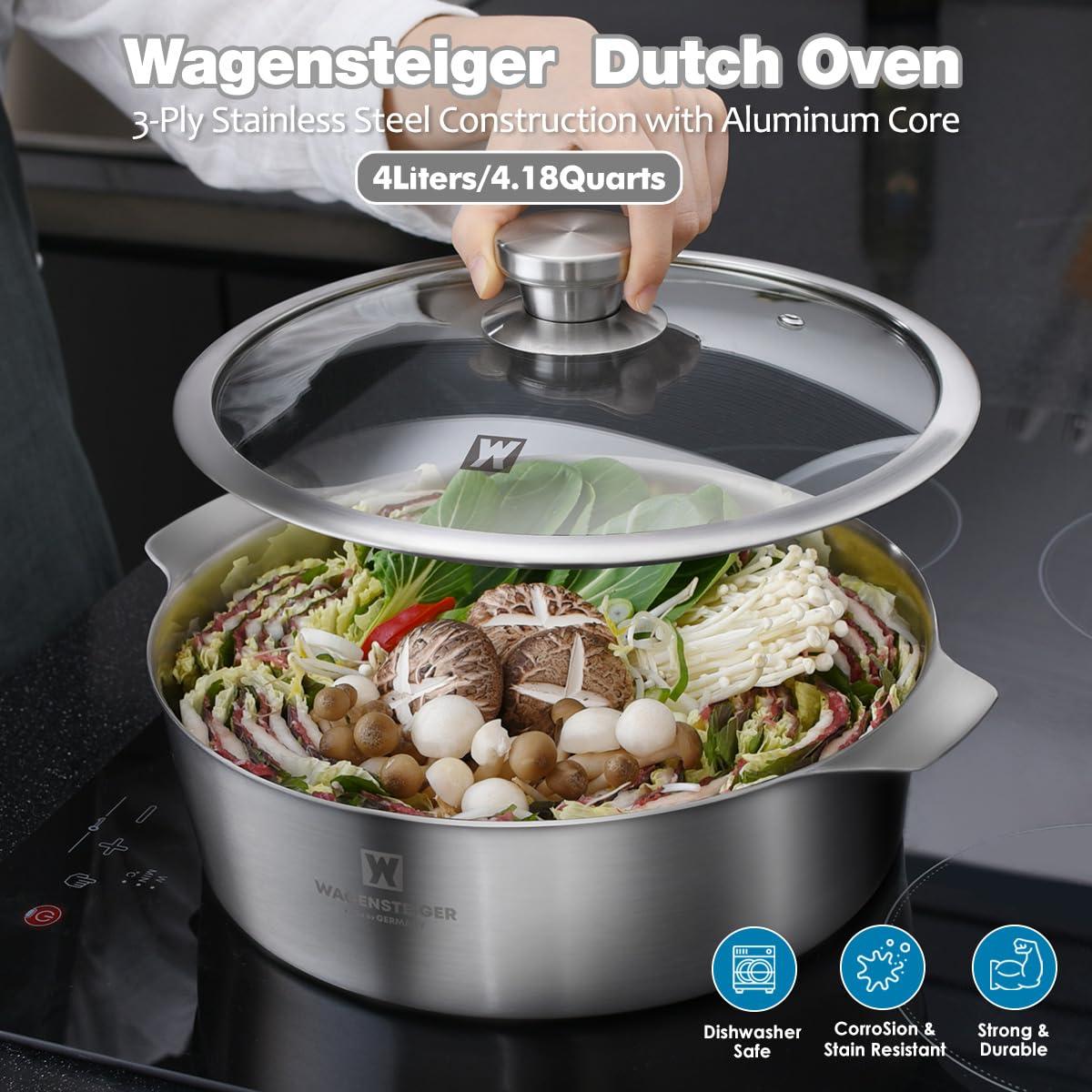 WAGENSTEIGER WAGENSTEIGER 4.18Quarts Stainless Steel Saut pan Casserole Pot with Tempered Glass Lid, Stock Pot, 3-Ply Construction with Aluminum Core, Stylish Design, Brushed Finish
