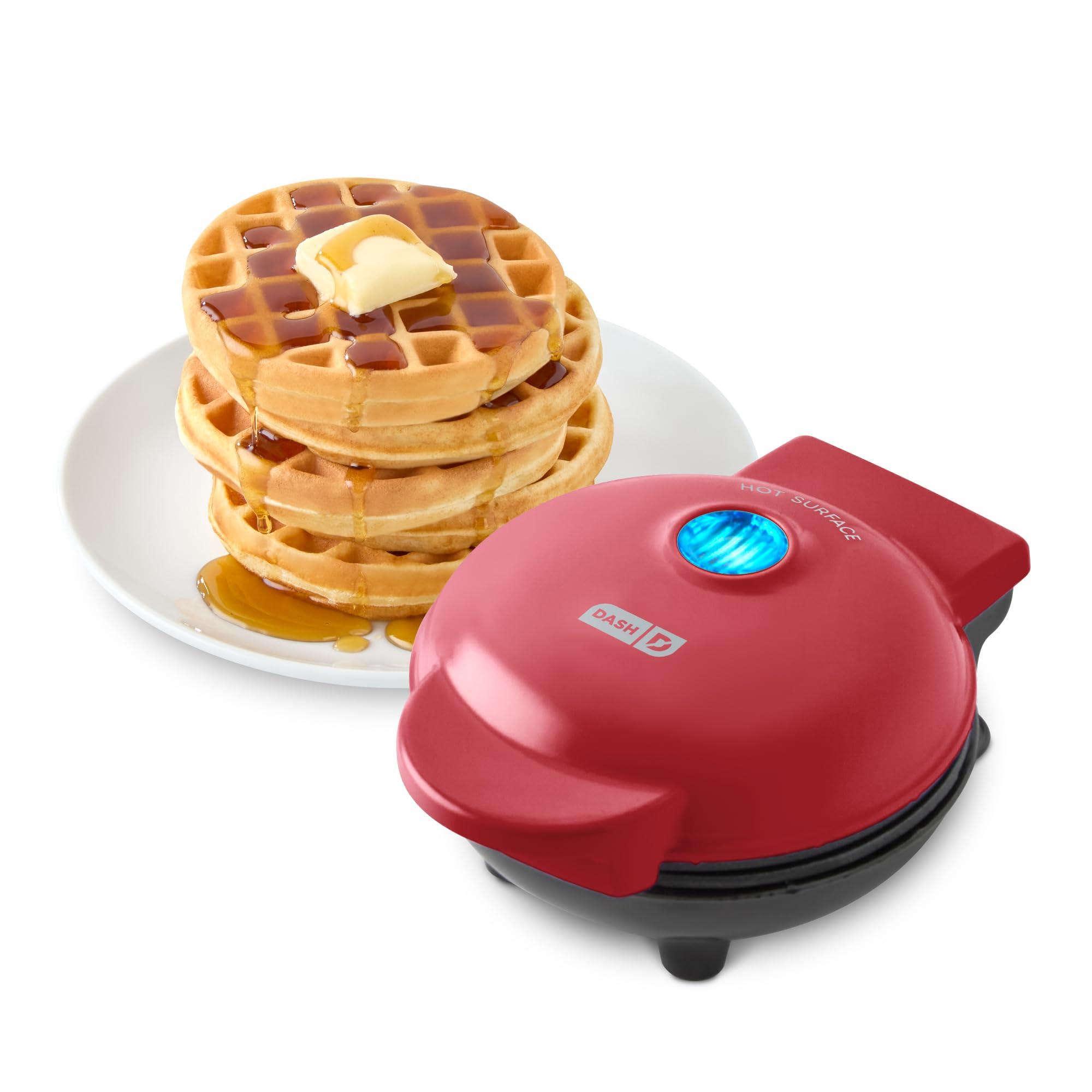 DASH DASH Mini Waffle Maker - 4 Waffle Mold, Nonstick Waffle Iron with Quick Heat-Up, PTFE Nonstick Surface - Perfect Mini Waffle Maker for Kids and Families, Just Add Batter (Red)