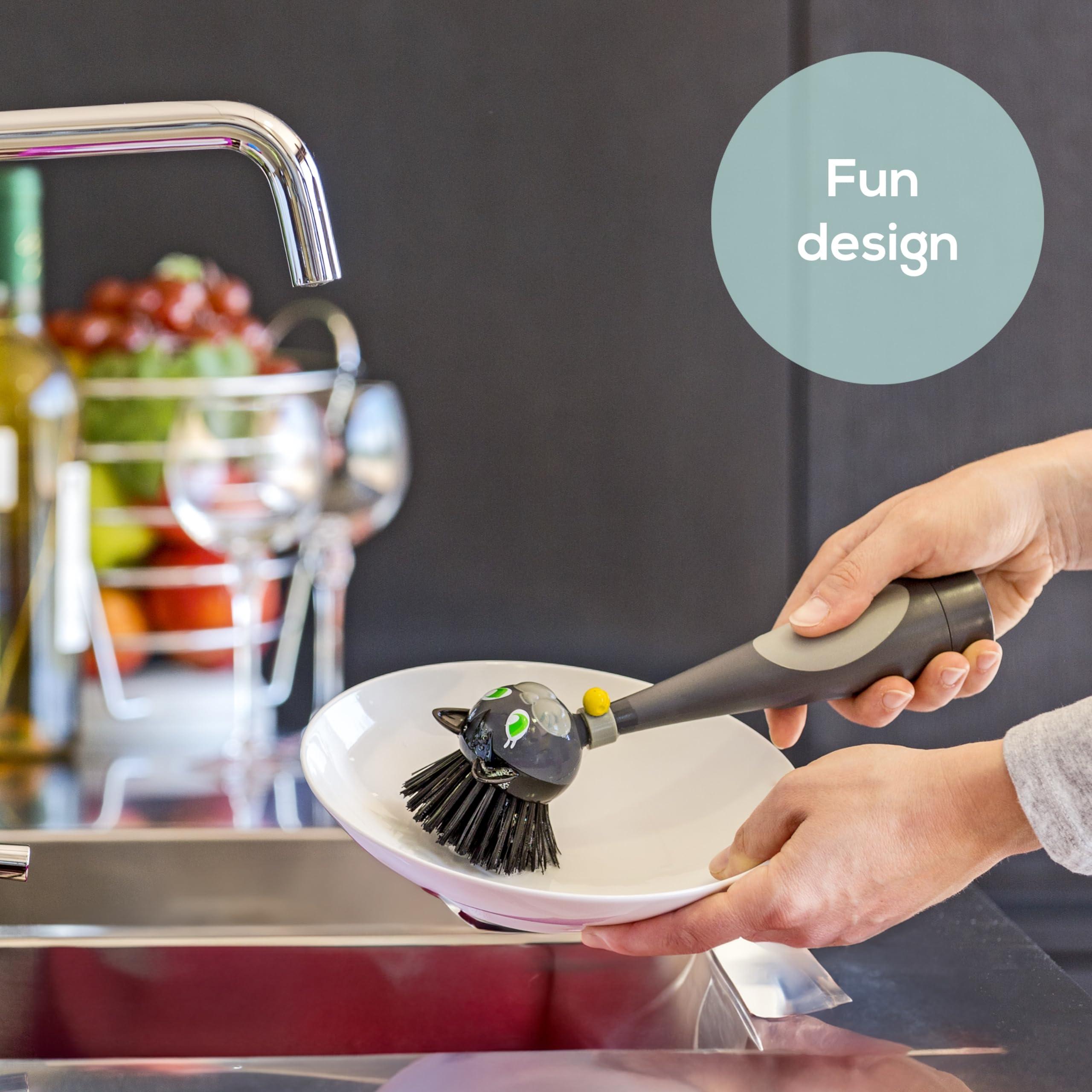 Vigar Vigar Felix Cat-Shaped Soap Dispensing Dish Brush, Dish Brush with Soap Dispenser for Pot Scrubber, Dishes, Sink, and Kitchen Essentials, Black, Gray