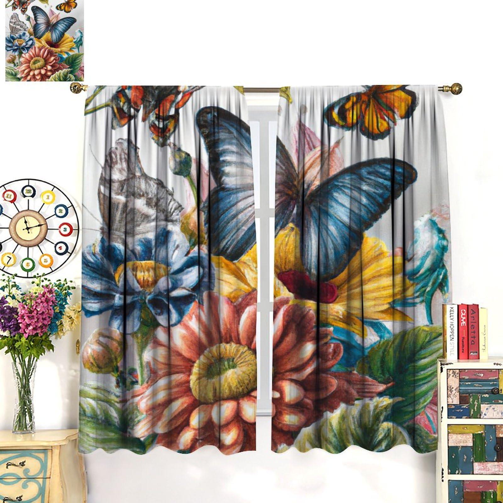 dongbunishangmao Butterfly Curtains Magic Spring Forest Blooming Flowers Butterfly Print Window Drapes for Bedroom Living Room Rod Pocket Blackout Curtains 2 Panels 21x45in, Style-2