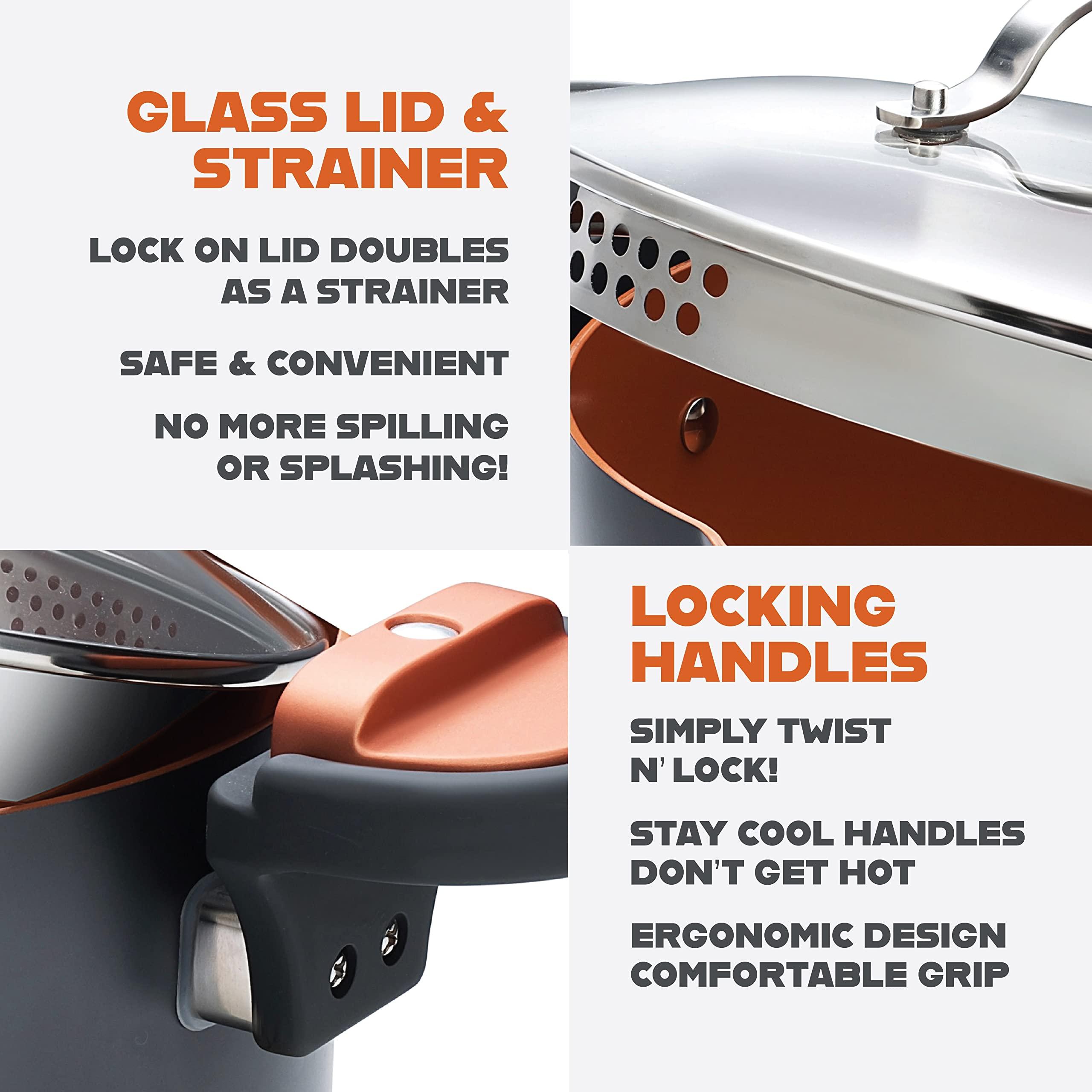 GOTHAM STEEL GOTHAM STEEL 5 Qt Ceramic Stock Pot Multipurpose Pasta Pot with Strainer Lid & Twist and Lock Handles, Nonstick Ceramic Pot for Soup, Spaghetti, Rice, Pots for Kitchen, Dishwasher Safe - Copper