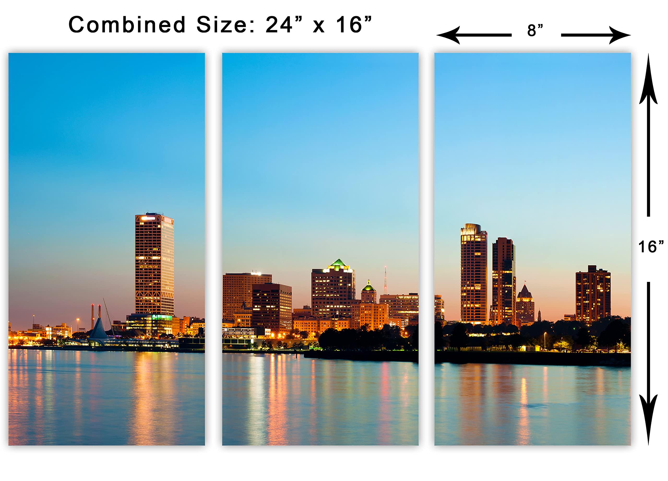 HomeLoft Basics 24 x 16 TOTAL - City of Milwaukee, USA Skyline Canvas Print - 3 Panel Split, Triptych Wall Art. Wisconsin
