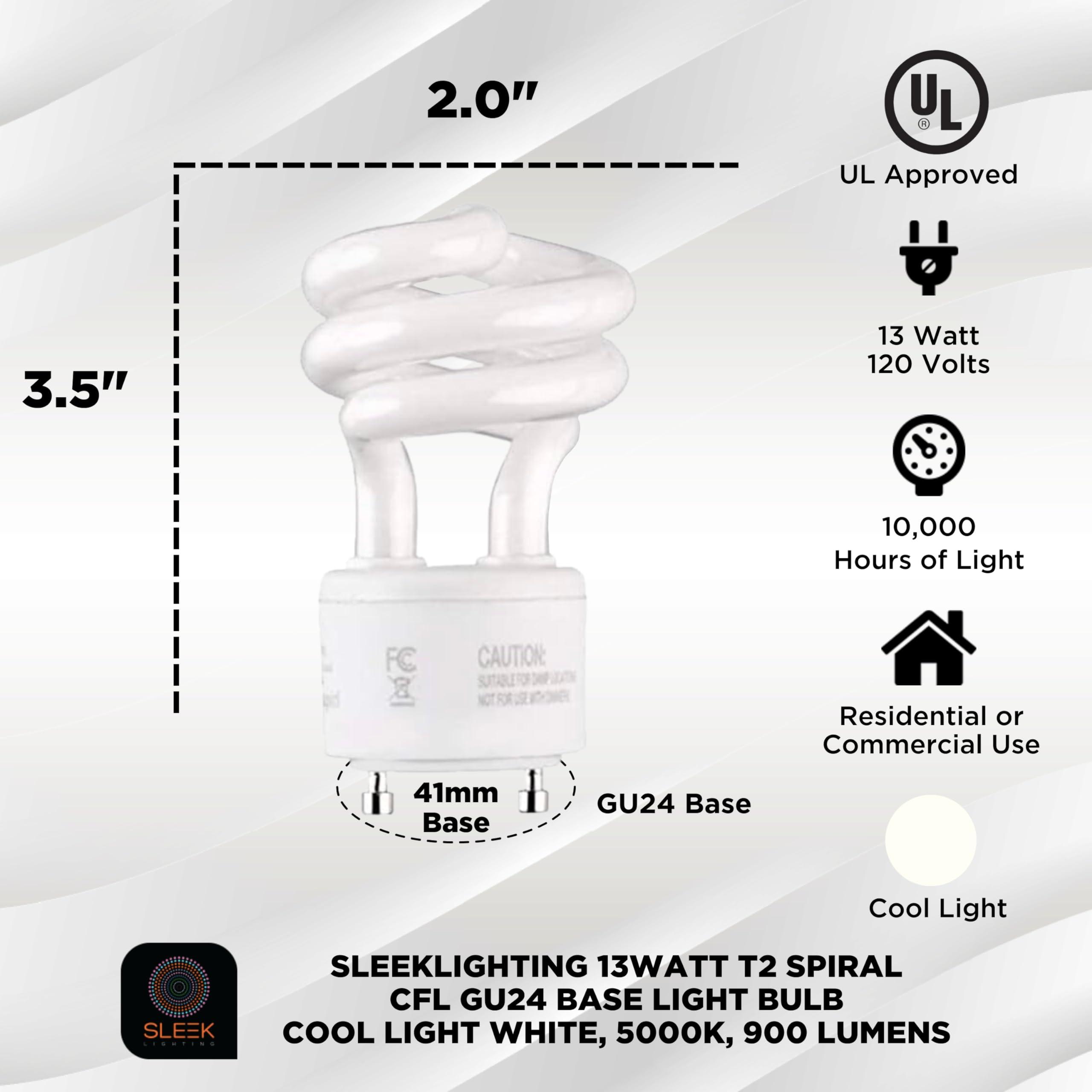 SLEEKLIGHTING SLEEKLIGHTING - 13Watt GU24 Base 2 Prong Light Bulbs- UL approved-120v 60Hz Light Bulb- Mini Twist Lock Spiral -Self Ballasted CFL Two Pin Fluorescent Bulbs- 5000K Daylight 4pack