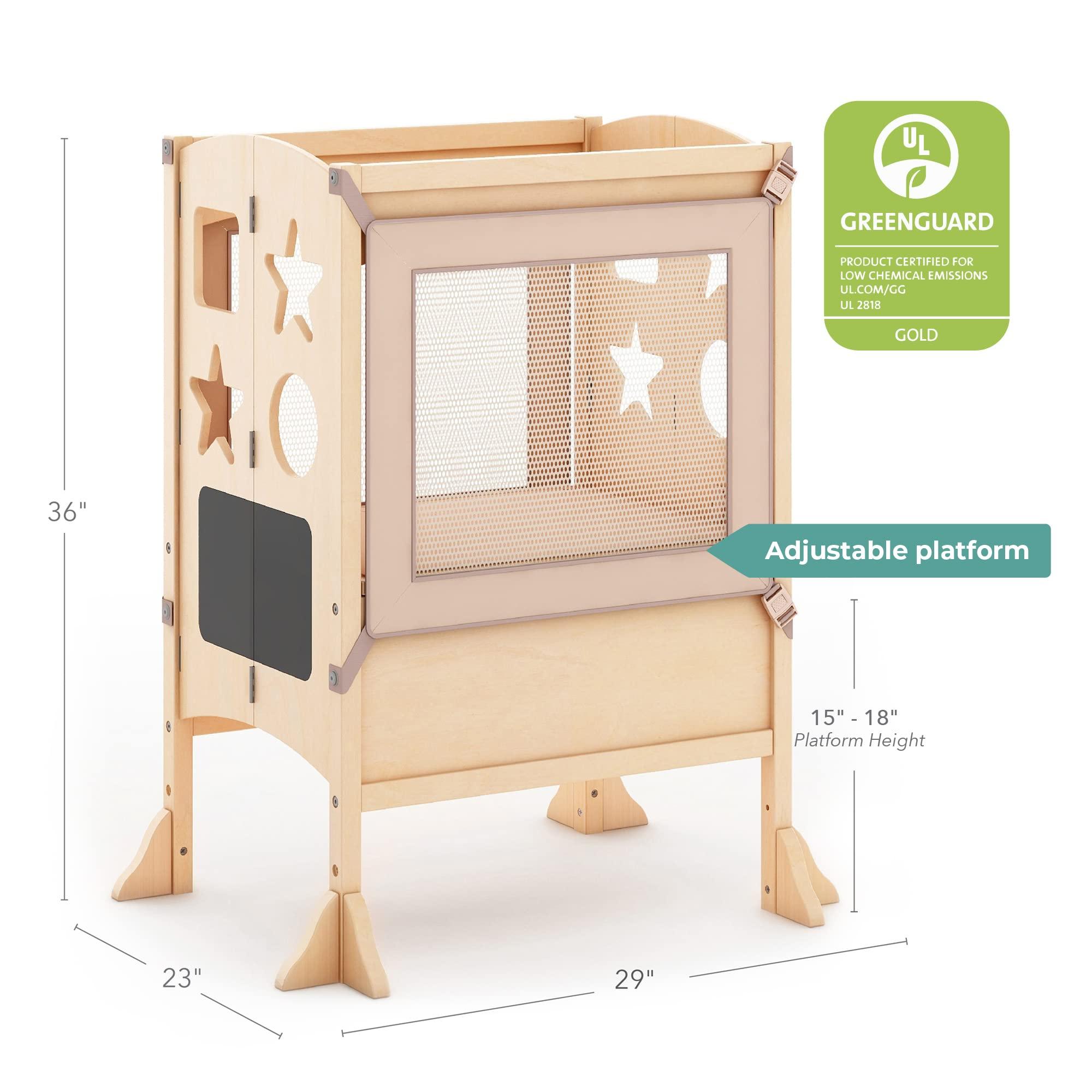 Guidecraft Guidecraft Classic Kitchen Helper Stool with 2 Keepers - Double Wide: Adjustable Height Step Stool for Kids, Children Furniture