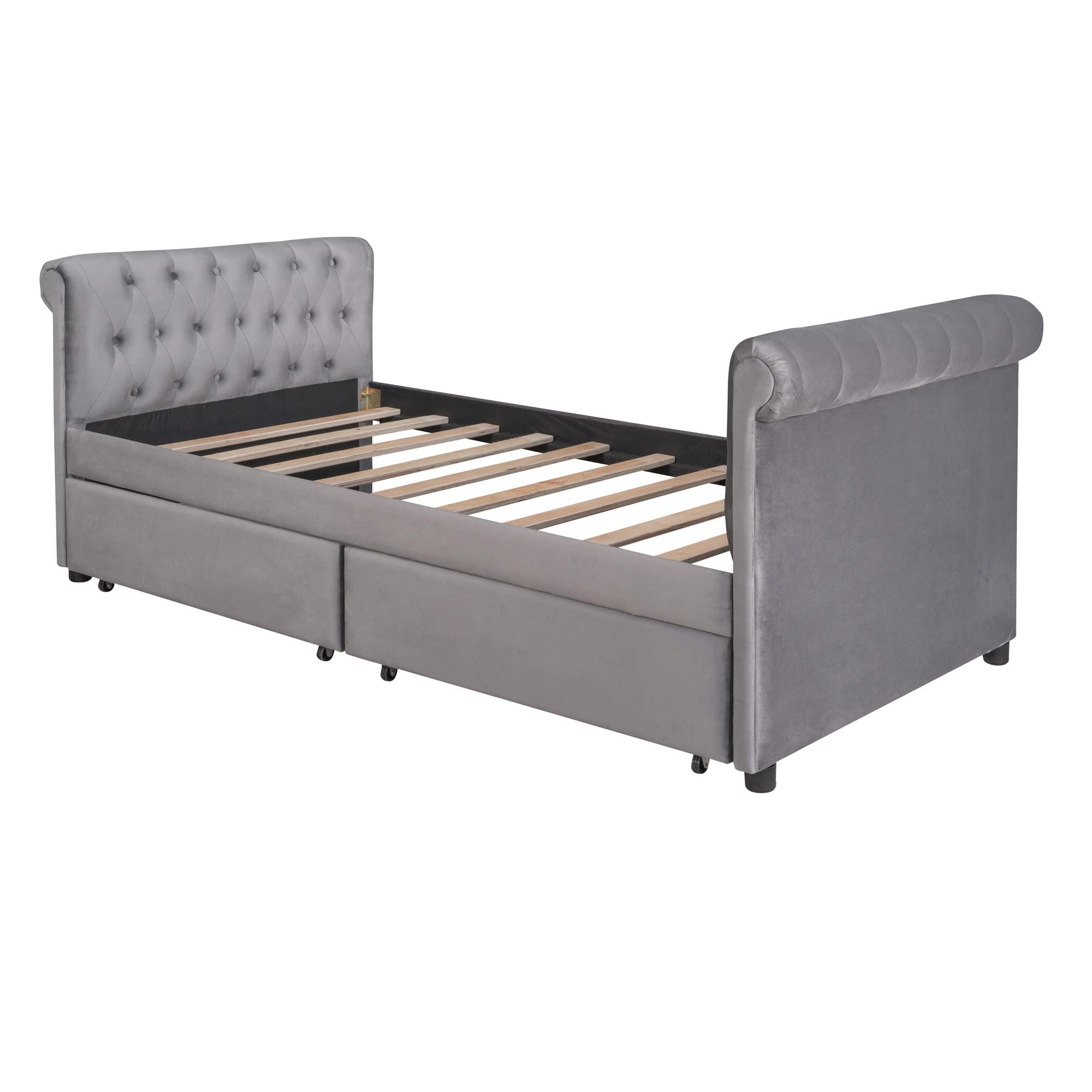 TONDI Tufted Daybed with Storage Drawers, Twin Size Upholstered Daybed with Drawers, Velvet Sofa Couch Bed Grey,Sofa