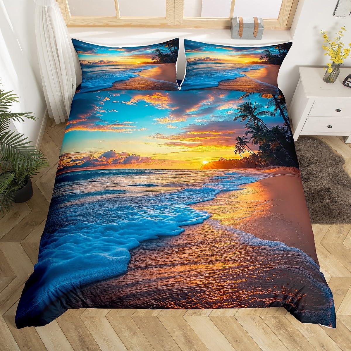 Erosebridal Beach Duvet Cover Full Ocean Bedding Kids Girls Boys Hawaiian Sea Waves Comforter Cover Tropical Sunset and Sea Beach Nature Theme Print bedding Botanical Beach House Decorative Bedspread with Zipper