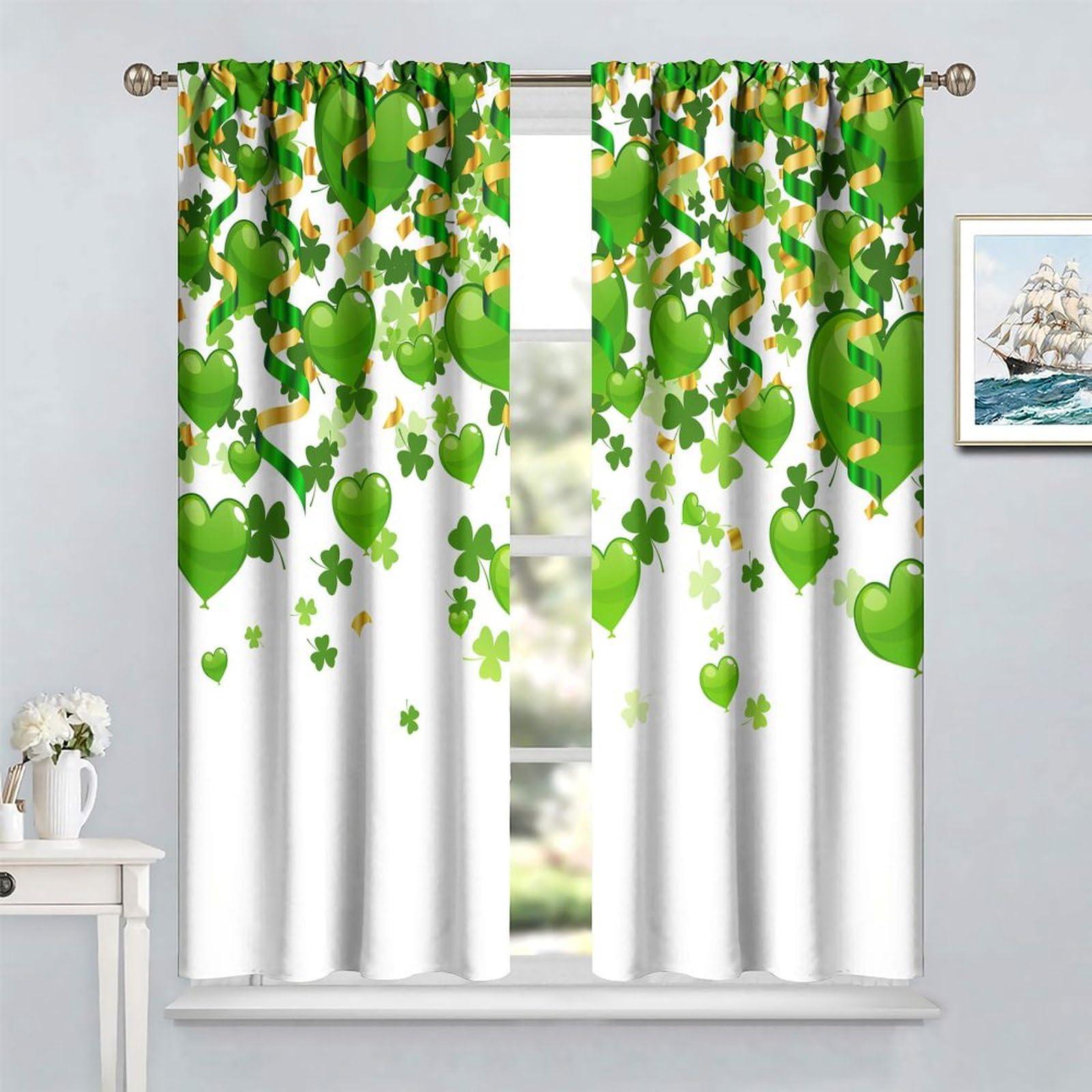 JanJCurt Lucky Irish Party Curtains, Green St. PatrickS Day Clover Shamrock Leaves with Heart Shaped Spring Holiday Print Window Drapes for Living Room Bedroom 84x84in