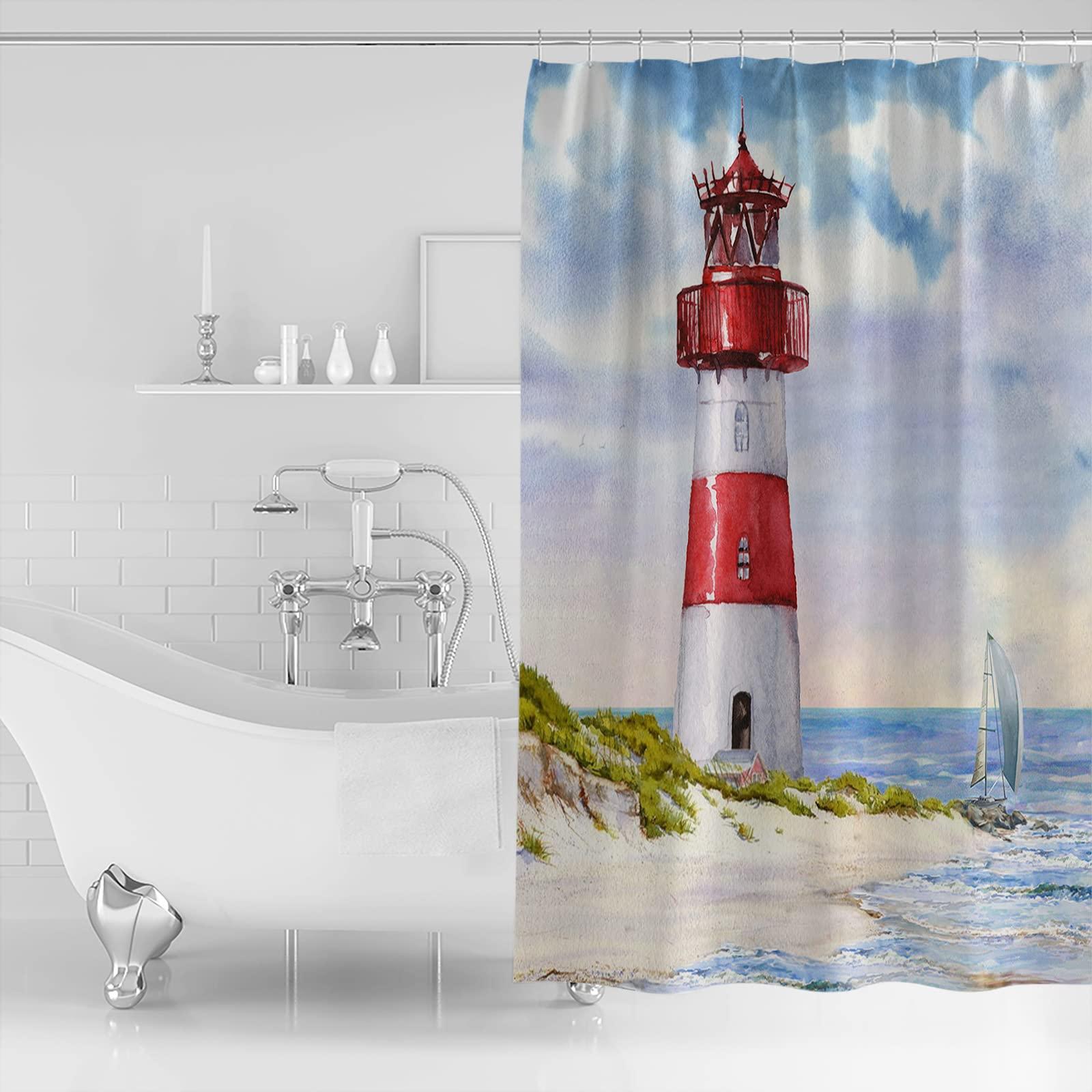 ZOE GARDEN Light-House Shower Curtain Set with Hook 60\"x72\",Washable Cloth Polyester Fabric Shower+Curtain,Waterproof Bath Curtains for Bathroom,Bathtubs Decor Accessories Summer Sea Ocean Nautical Sailboat