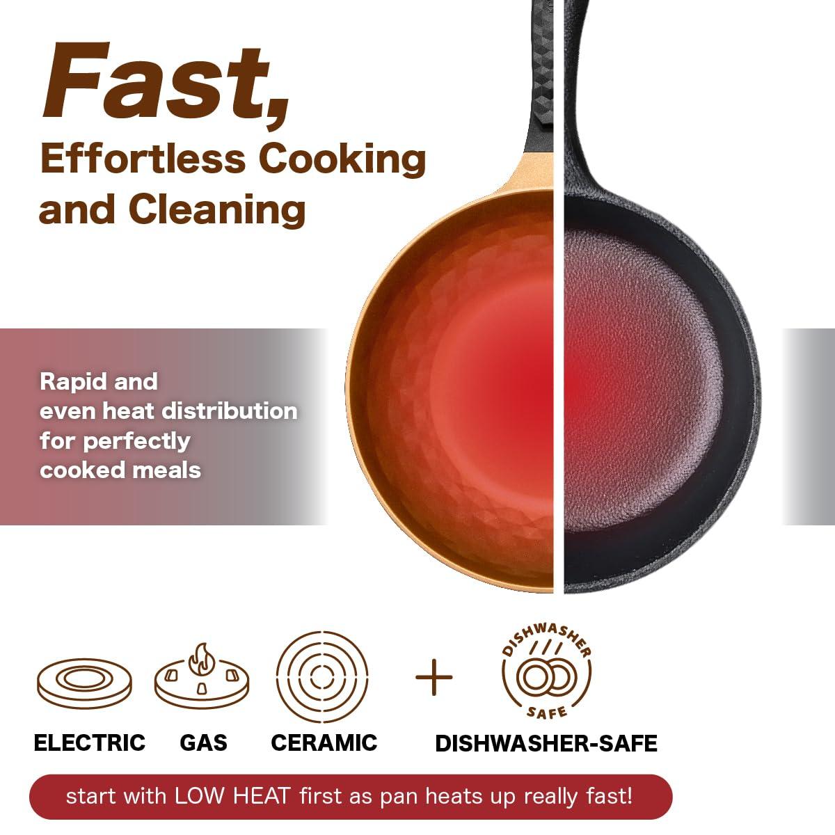 KOREA KING Diamond X Premium Extreme Non Stick 11\" Frying Wok Pan Hybrid with Lid and Spatula, Oil-Free, PFOA-Free Cooking with Titanium-Coated 8-Layered Korean Engineered Deep Stir Fry Skillet, Rapid Heating