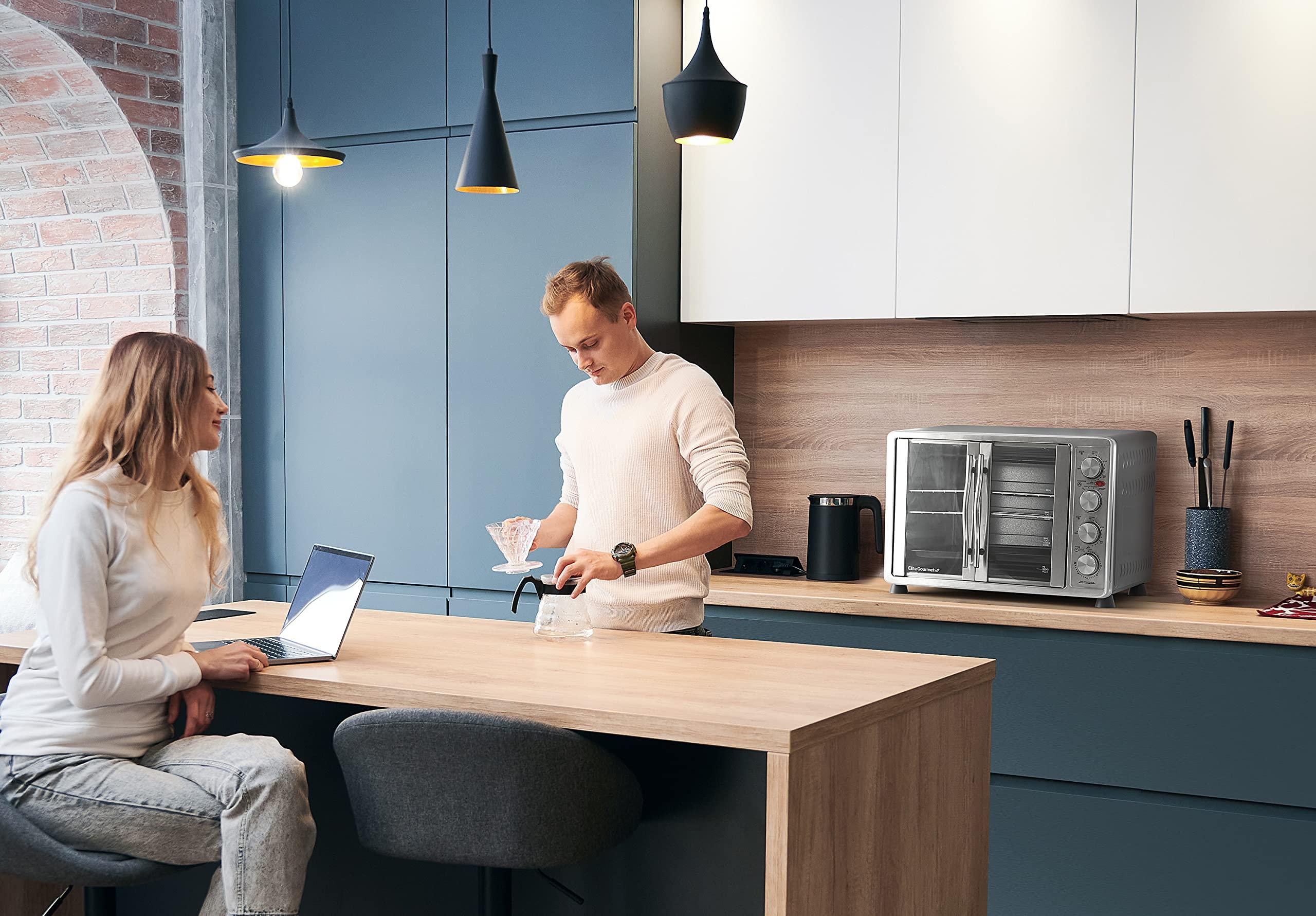 Elite Gourmet Elite Gourmet ETO4510B# French Door 47.5Qt, 18-Slice Convection Oven 4-Control Knobs, Bake Broil Toast Rotisserie Keep Warm, Includes 2 x 14\" Pizza Racks, Stainless Steel