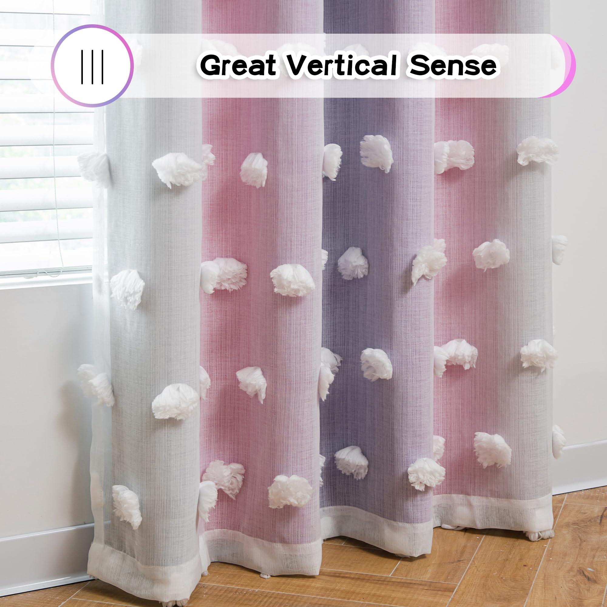 MYSKY HOME MYSKY HOME Pom Pom Curtains Blackout and Sheer Curtains for Girls Bedroom Ombre Nursery Curtains 84 Inch Long Room Darkening Princess Double Layer Curtains with Grommet Top Pink Purple 52 x 84 in