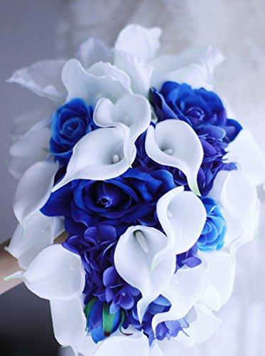 IFFO IFFO Royal Blue Bouquet, Bridal Bouquets for WeddingWhite Calla Lily Bridal Bouquet, Water Drops Waterfall Shape, Luxury Jewelry Bouquet Romantic Wedding (No Jewelry)