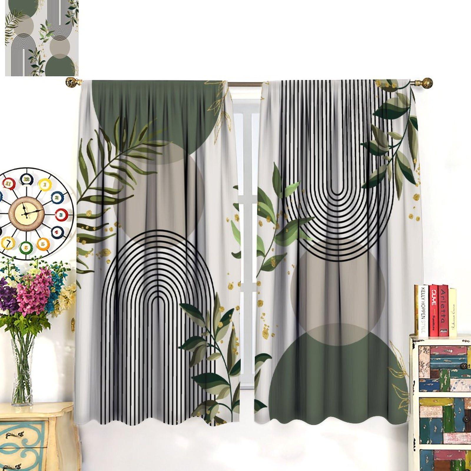 SENRUEGT SENRUEGT Mid Century Leaf Curtains,Abstract Leaf Sun Modern Minimalist Bedroom Window Treatments,Boho Green Plants Living Room Kitchen Window Drapes 42x54 Inch, Style