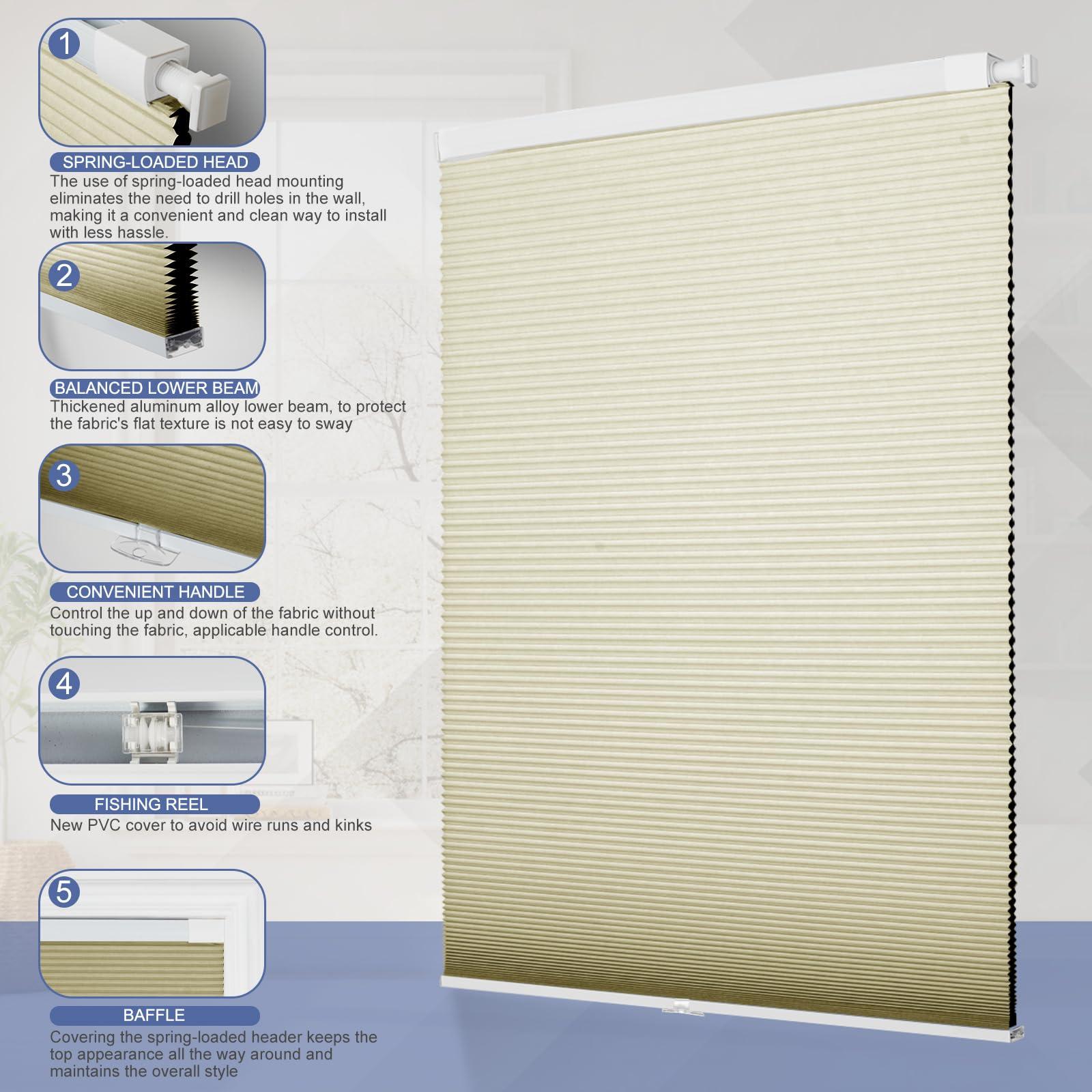 Sulugood Sulugood No Drill Blinds for Windows Blackout Cellular Shades Cordless No Tools Honeycomb Pull Down Blinds Easy Install No Screws Cellular Blinds for Room,Home,Office.Apricot yellow.28 W x 39" H