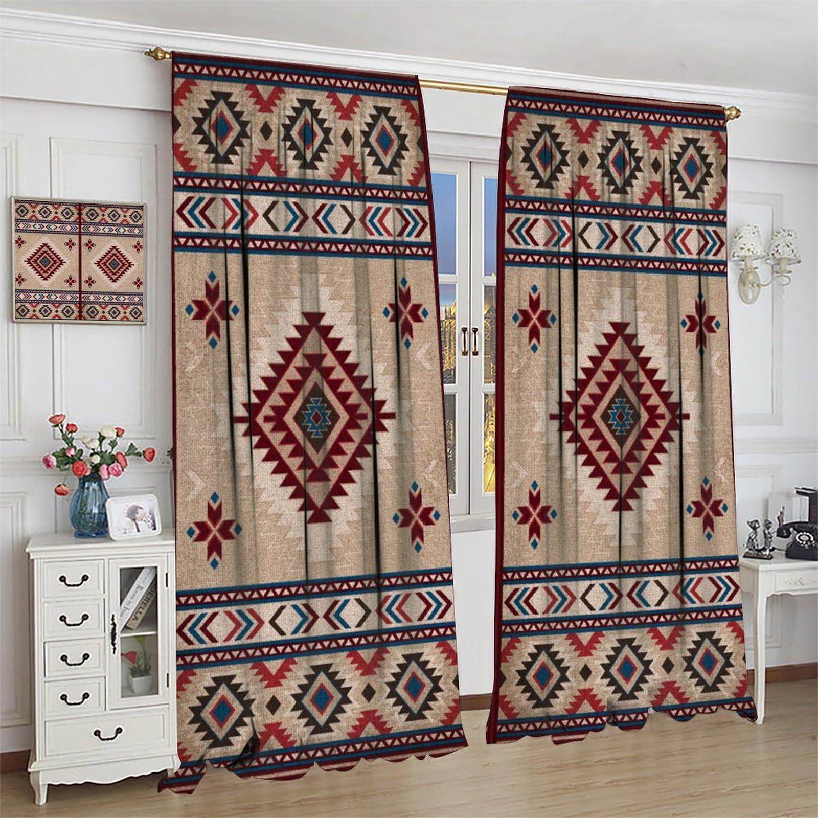 HLLYY Aztec Curtains Red Ethnic Southwestern Geometric Pattern Farmhouse Tribal Boho Blackout Drapes for Bedroom Living Room Kitchen Bathroom W42xL84 Inch x2 Panels