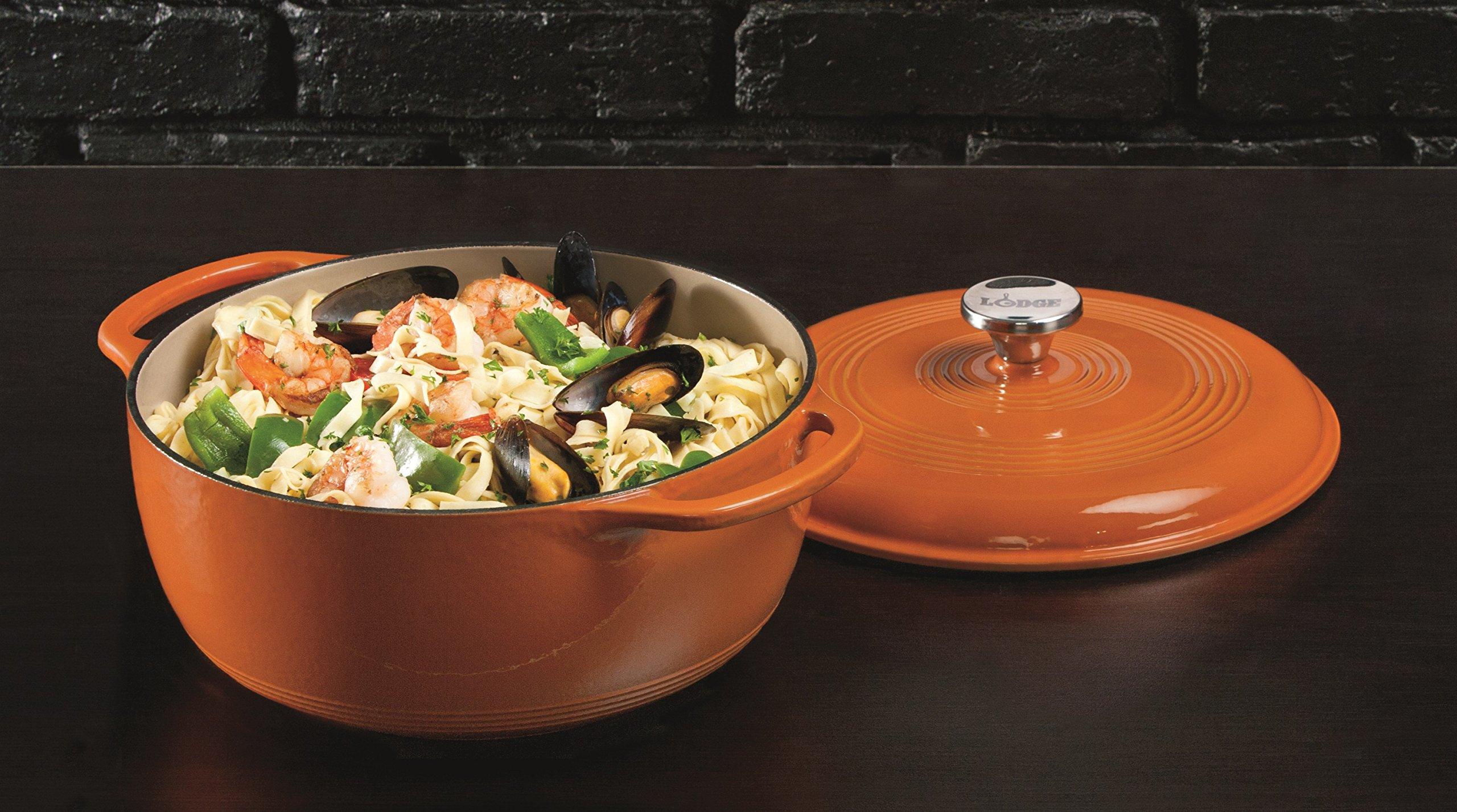 Lodge Lodge 6 Quart Enameled Cast Iron Dutch Oven with Lid Dual Handles Oven Safe up to 500 F or on Stovetop - Use to Marinate, Cook, Bake, Refrigerate and Serve Pumpkin