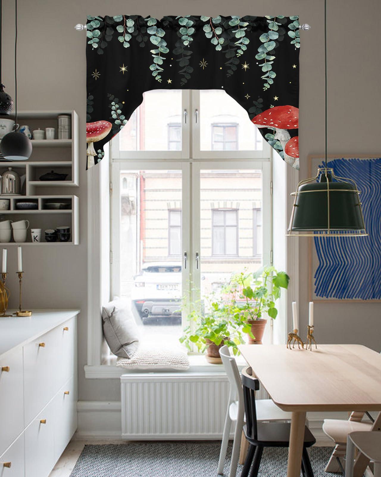 Onekaccu Mushroom Eucalyptus Swag Valances for Kitchen Window, Swag Curtains Drapes for Bedroom Bathroom Over Sink Floral Leaf Stars Moon Black Backdrop Rod Pocket Window Treatment Decor Valances, 56x36 Inch