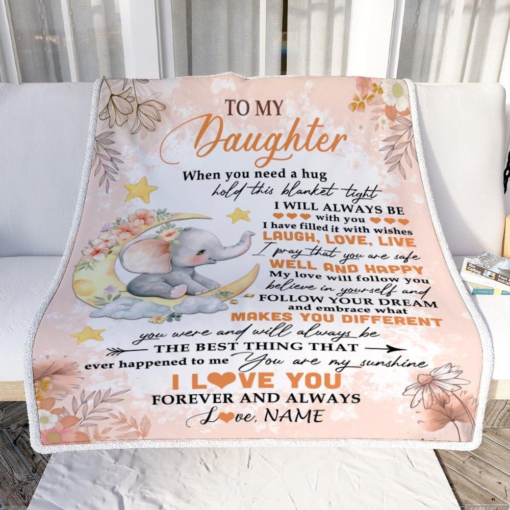 TeesNow TeesNow Personalized to My Daughter Blanket from Mom Dad Father Flower Elephant Moon Daughter Birthday Graduation Christmas Customized Fleece Throw Blanket (60 x 80 in Adult Size)
