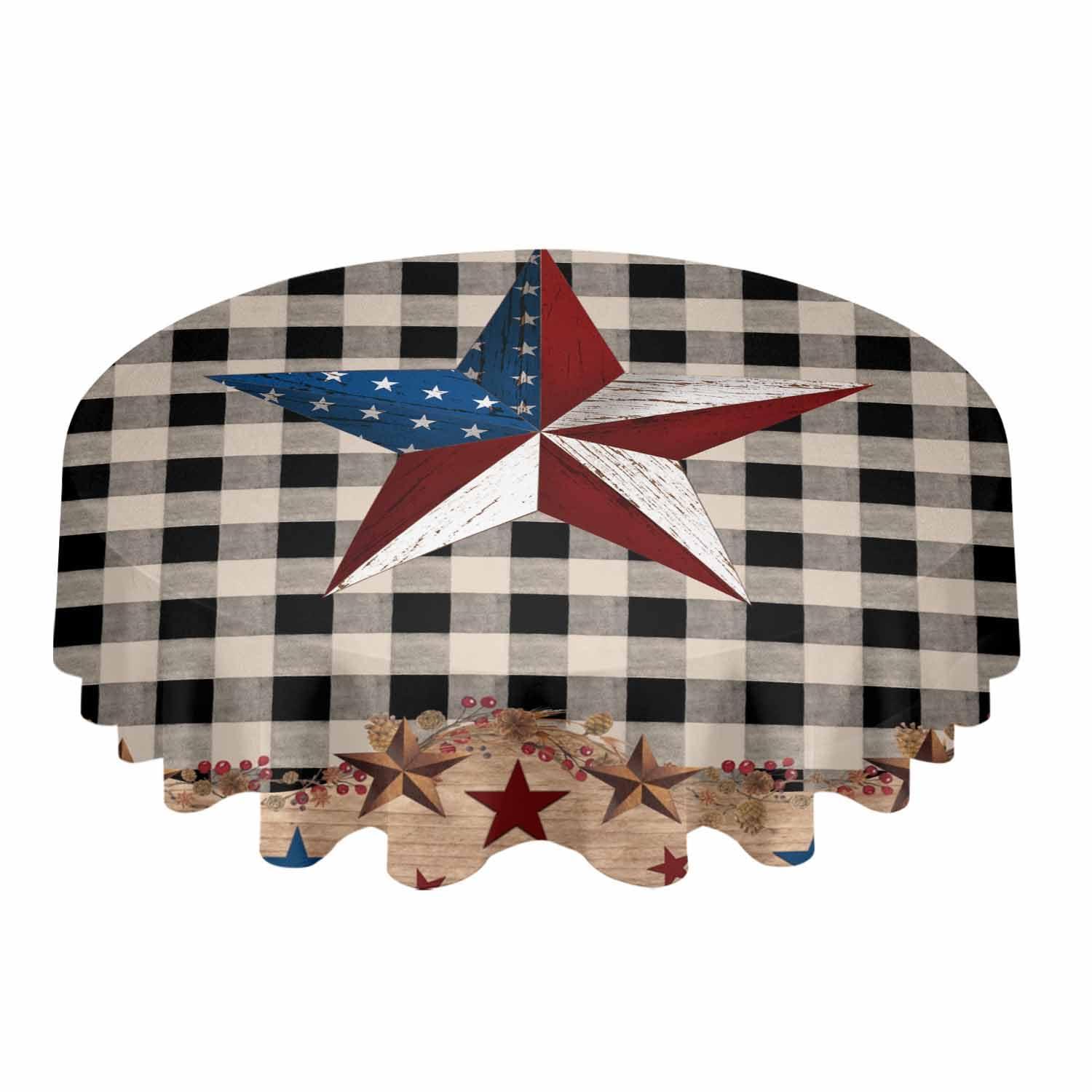 Falaniique Country Star Brown Round Tablecloth Waterproof 54 In,Small Kitchen Party Side Table Outdoor Patio Table Cloth Spill-Proof Wipeable Cover for Christmas Wedding,Retro Farmhouse Buffalo Plaid Black