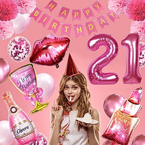 Crenics Crenics 21st Birthday Decorations for Her - Rose Pink Happy Birthday Banner, Pom Poms, 21 Number Balloon, Lipstick Champagne Balloons and 24 Latex Balloons for 21st Girls Women Birthday Party Supplies