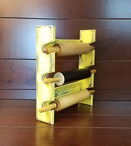 Rusty Nail woodworks Yellow Rolling Pin Rack with Three Slots - Antique Yellow Rolling Pin Rack - Multiple Rolling Pin Rack - Shabby Chic Rolling Pin Holder - Rolling Pin Storage - Gift for Baker
