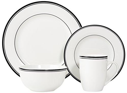 Amazon Basics Amazon Basics 16-Piece Cafe Stripe Kitchen Dinnerware Set, Plates, Bowls, Mugs, Service for 4, Black