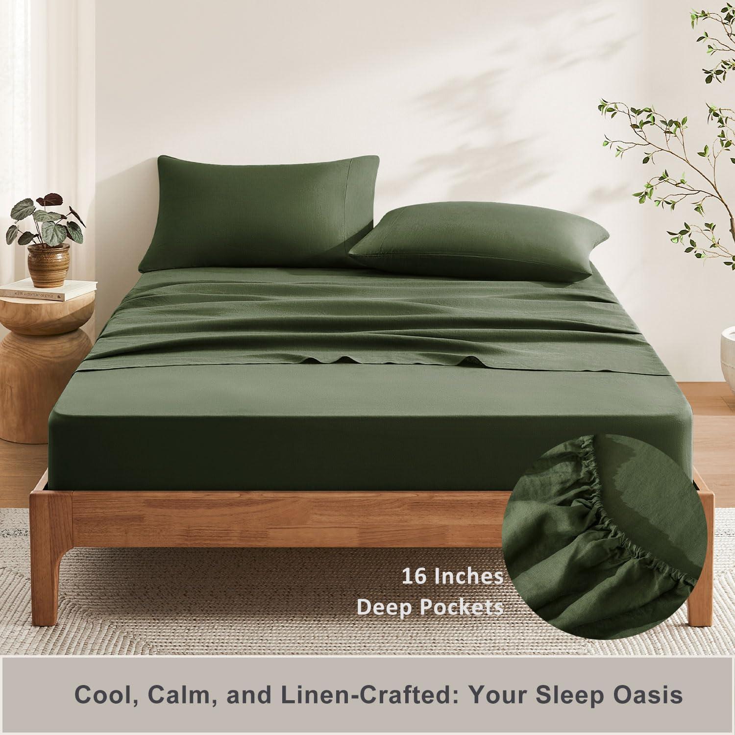 TOSMO TOSMO Pure Linen Sheets Set, 100% French Natural Linen Flax Bedding 4pc Set (Queen, 1 Flat Sheet, 1 Fitted Sheet, 2 Pillowcases) - Forest Green