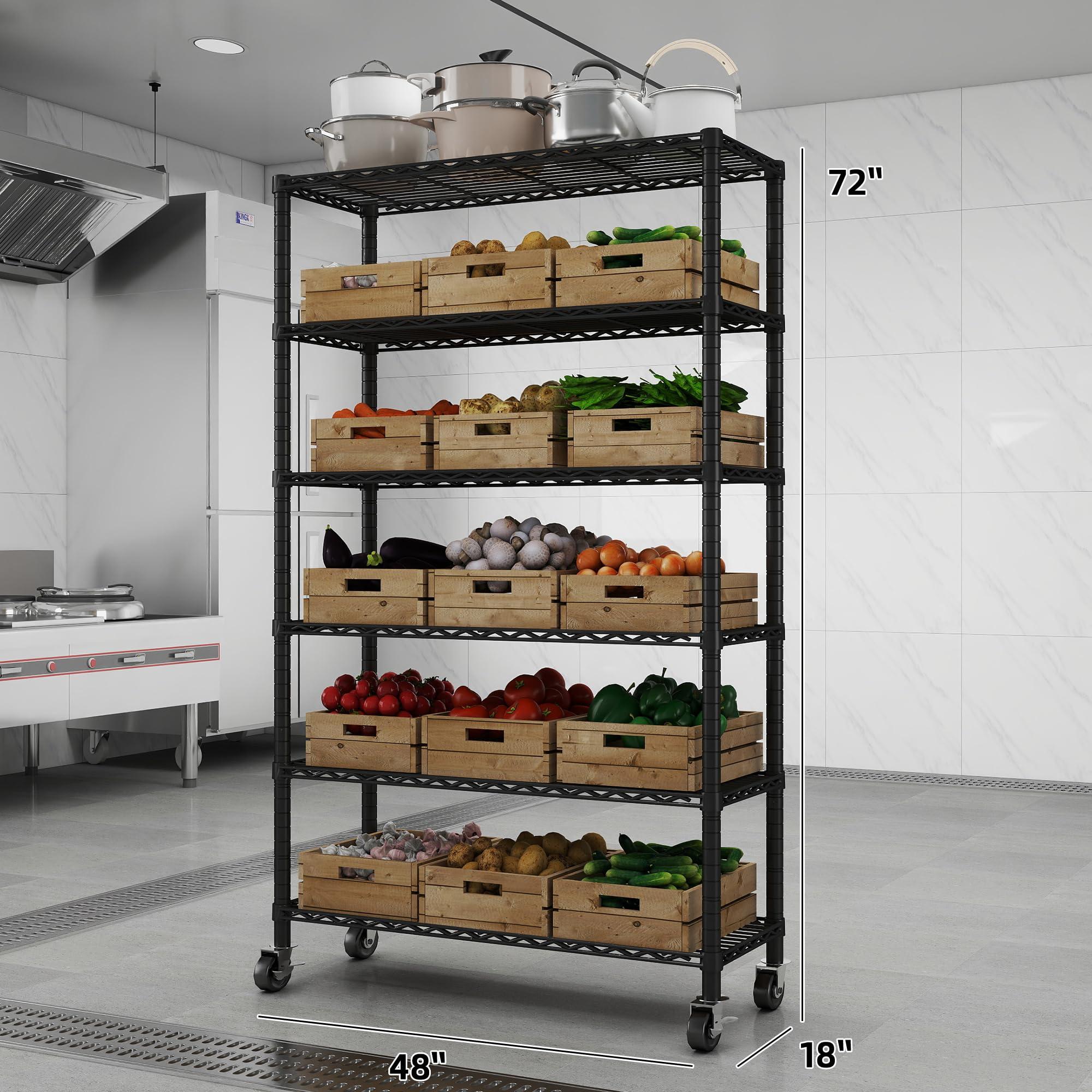 EZPEAKS EZPEAKS 6-Tier NSF Certified Storage Shelves, 18" D X 48" W X 72" H Heavy Duty Steel Wire Shelving Unit with Wheels and Adjustable Feet, Used as Pantry Shelf, Garage or Bakers Rack Kitchen Shelving