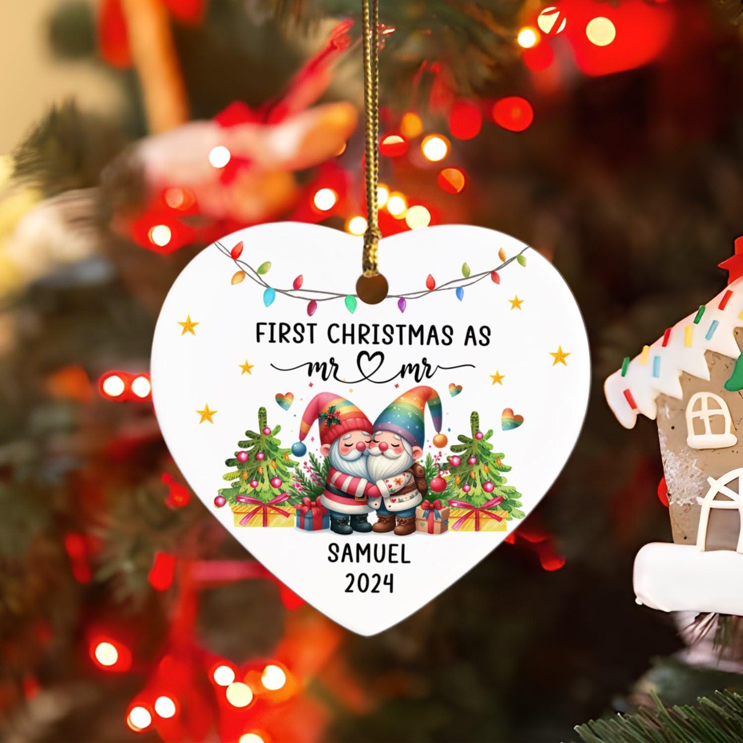Wixxby Personalized First Christmas As Mr & Mr Ornament Keepsake, Couple Snowman Gay Pride LGBT Ornament Christmas 2024, Custom 1st Xmas As Mr & Mr Ornament Gifts for Couple Gay LGBT, Rainbow Pride Ornament