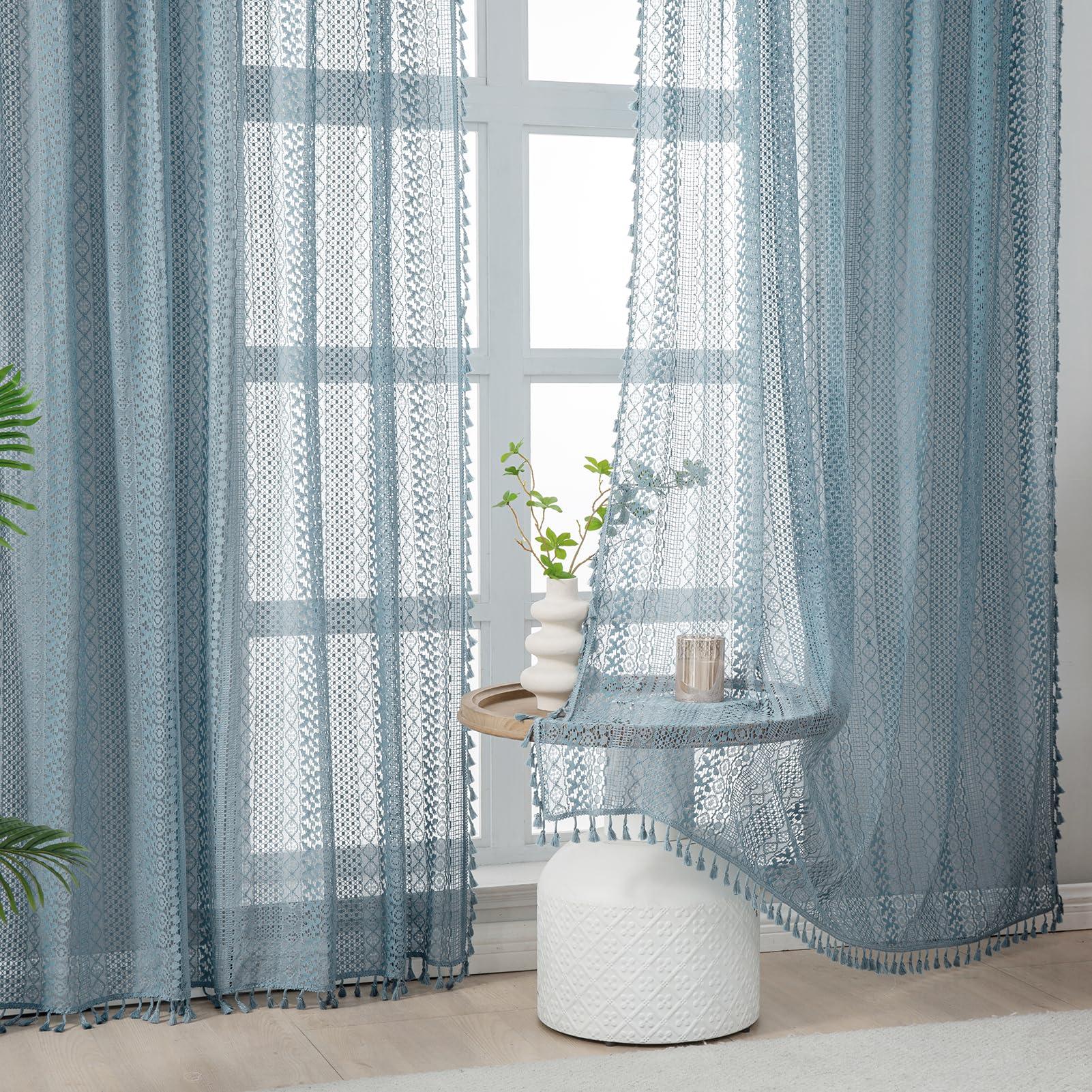 WAZZIO WAZZIO Light Blue Sheer Curtains 84 Inches Long 2 Panels Sheer Lace Pale Blue Curtains for Bedroom Living Room Rod Pocket Tassel Cotton Boho Crochet Curtains Light Filtering Privacy Drapes,Stone Blue