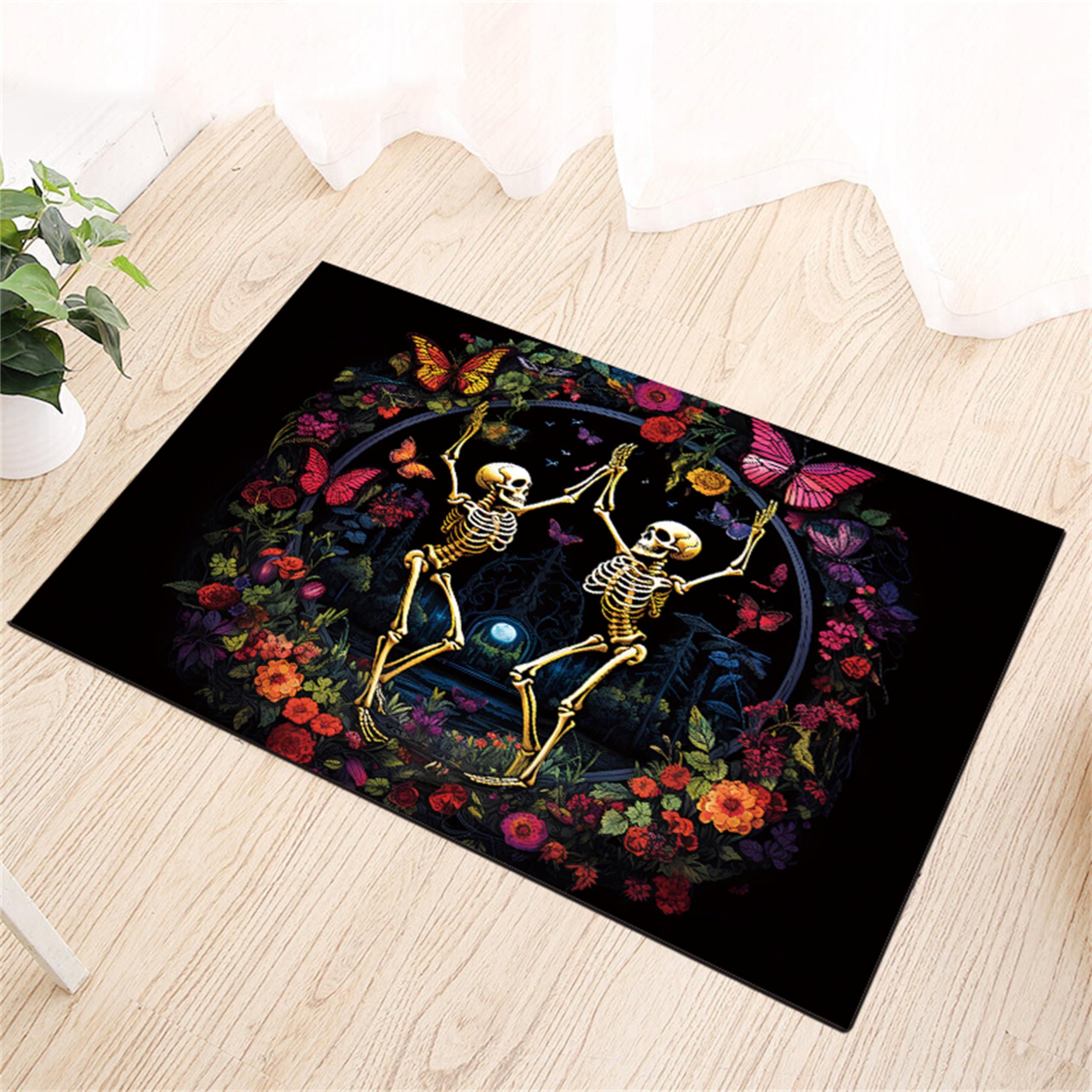 RUGROOM RUGROOM Skeleton Area Rug Butterfly Garden Dancing Skull Print Non-Slip Washable Floor Mat Modern Floral Rug for Living Room Bedroom Haunted House Halloween Botanical Rugs 4x6ft