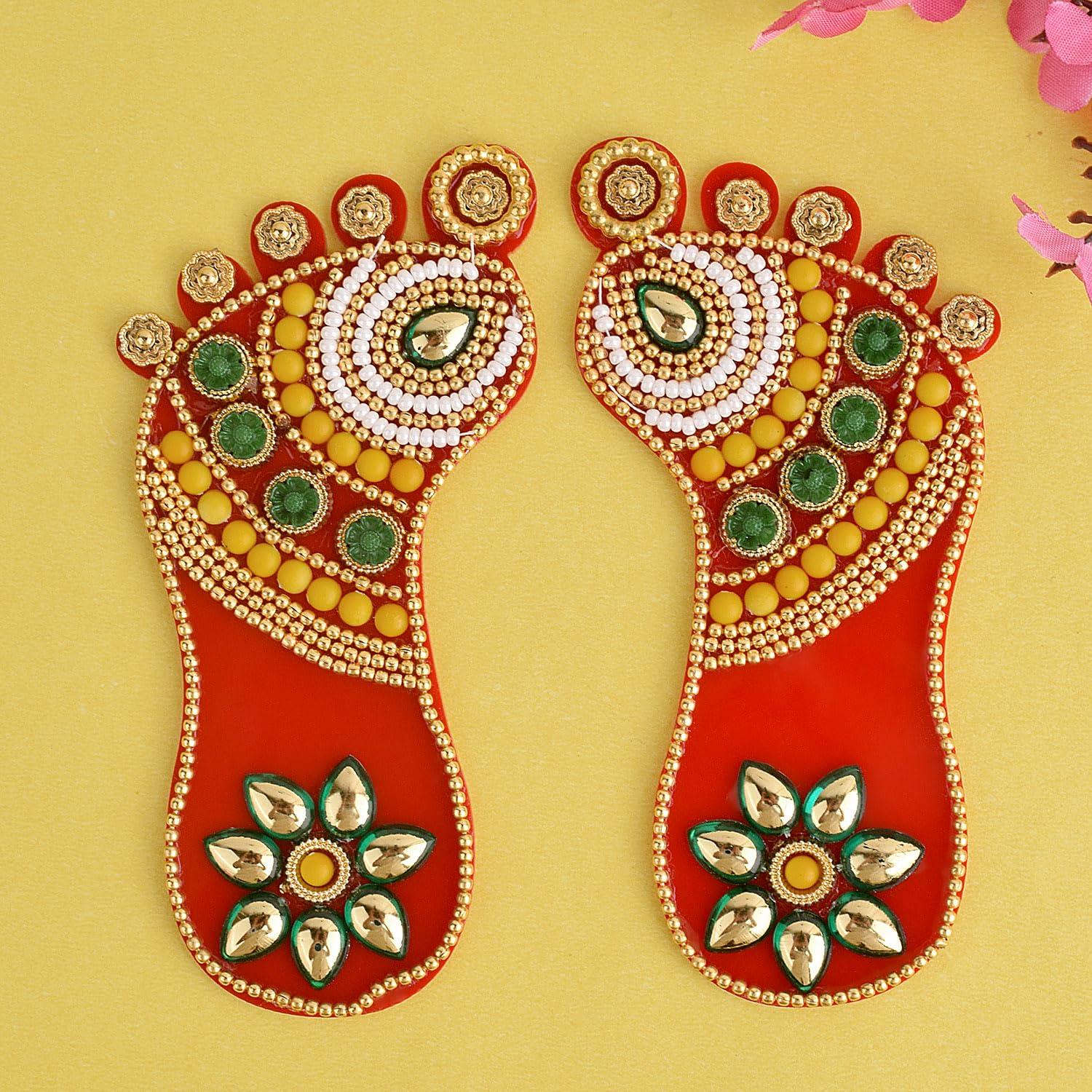 SATVIK STORE SATVIK 1 Pc Set of Acrylic Lakshmi Mata Charan Paduka Sticker Diwali Festival Decoration with Stone Moti Mandir Home Office Floor Festival Pujan Home Floor Kolam Shubh Labh Rangoli Stickers (DESIGN 1)