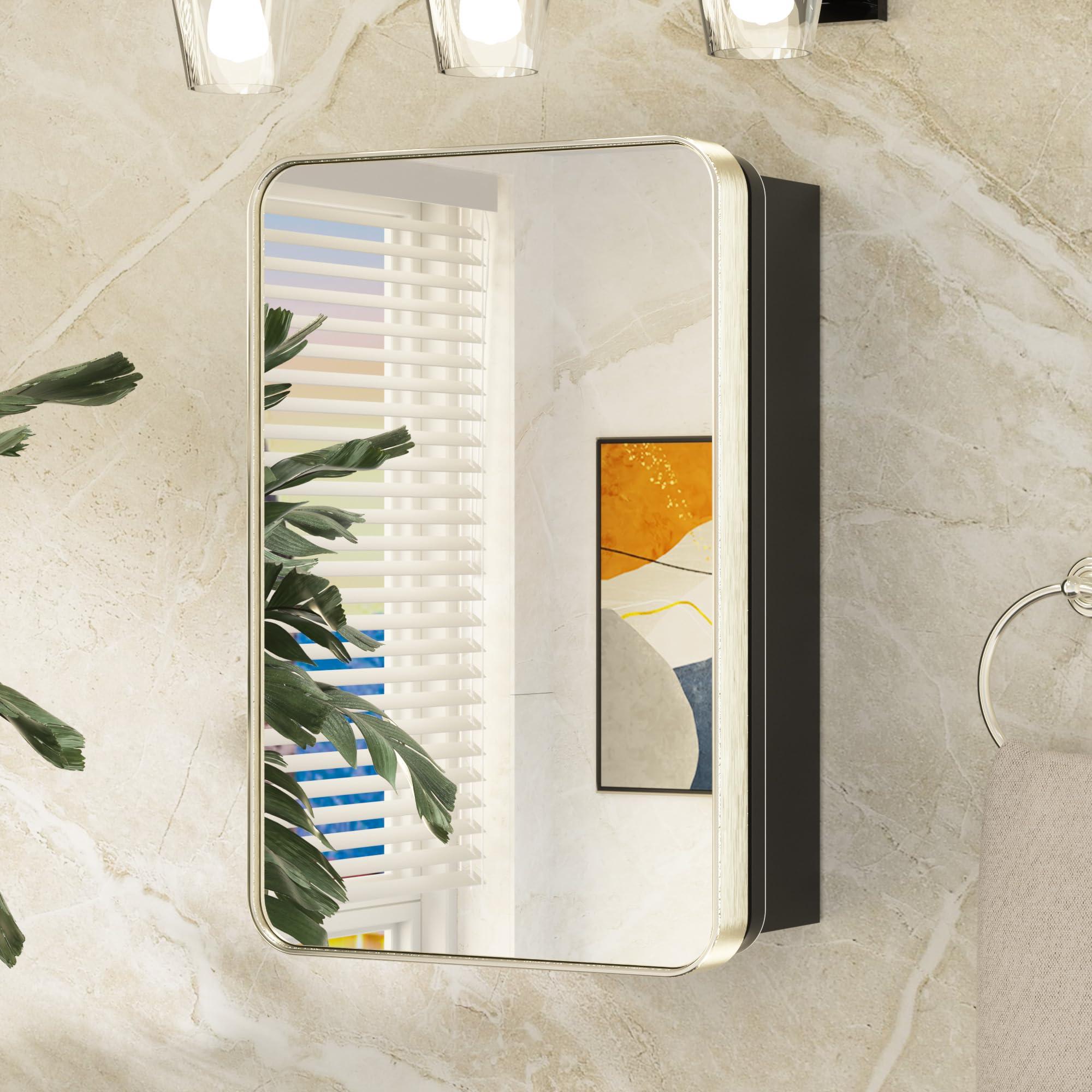 Keonjinn Keonjinn 16 x 24 Inch Brushed Nickel Medicine Cabinets for Bathroom with Mirror Stainless Steel Framed Rounded Rectangle Adjustable Shelves Modern Recessed Silver Medicine Cabinet for Bathroom Storage