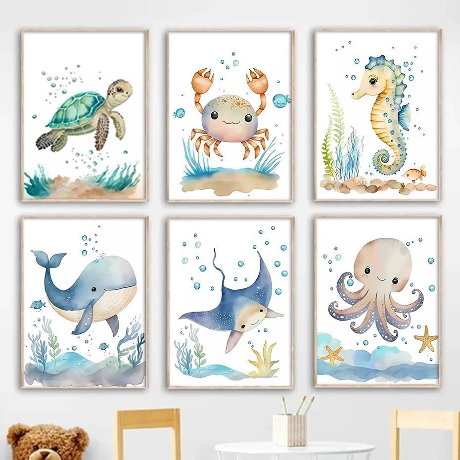 Sfwarmart Sfwarmart Cartoon Ocean Animals Whale Seahorse Turtle Nursery Wall Art Canvas Painting Poster And Prints Wall Picture Baby Kids Room Decor 8x10Inchx6pcs Unframed