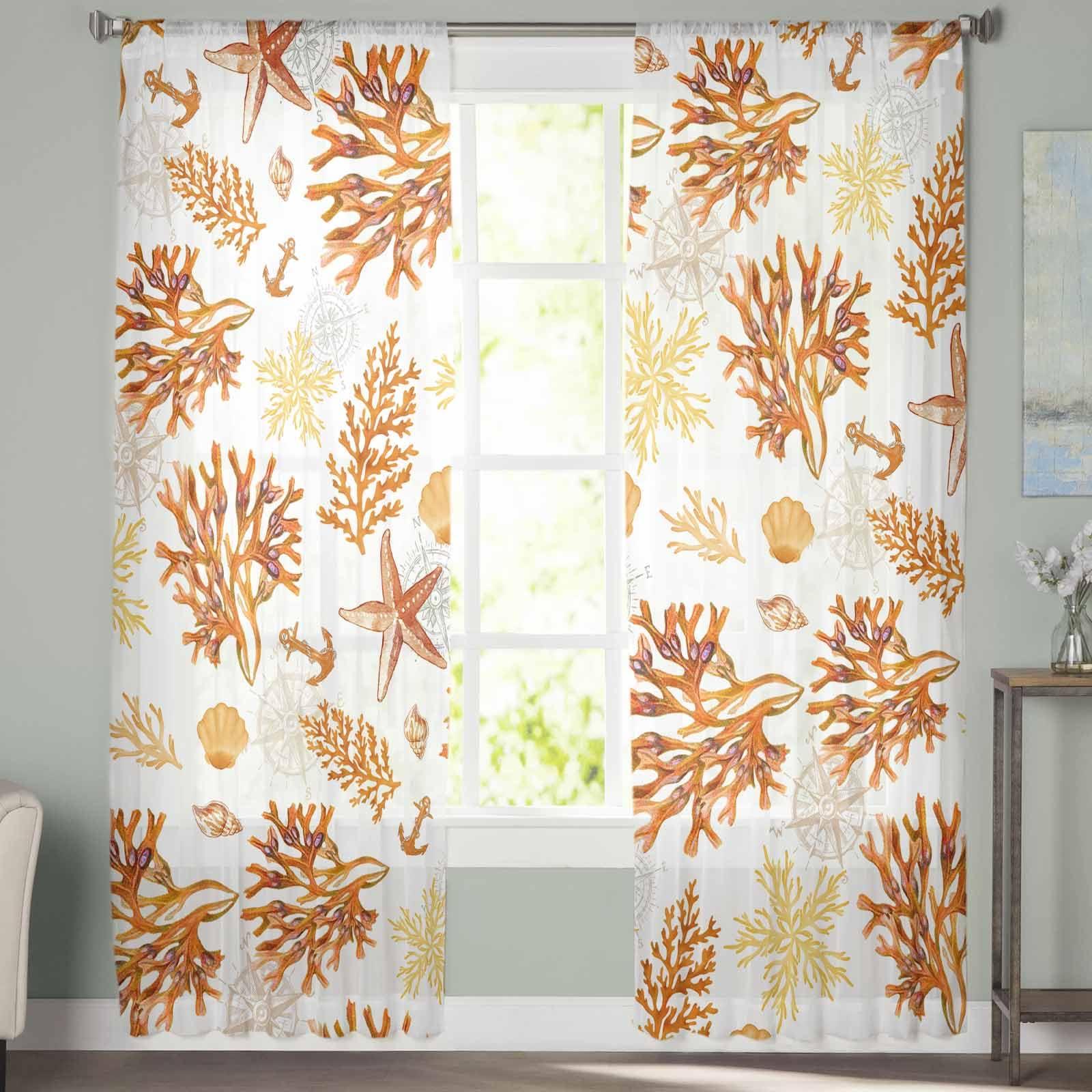 TocaHome TocaHome Sheer Window Curtains 2 Panel Sets, Voile Window Curtain Panels Ocean Sealife Orange Simple Coral Starfish Conch Shell Light Filtering Drapes for Living Room/Bedroom/Kitchen 52" Wx63 L