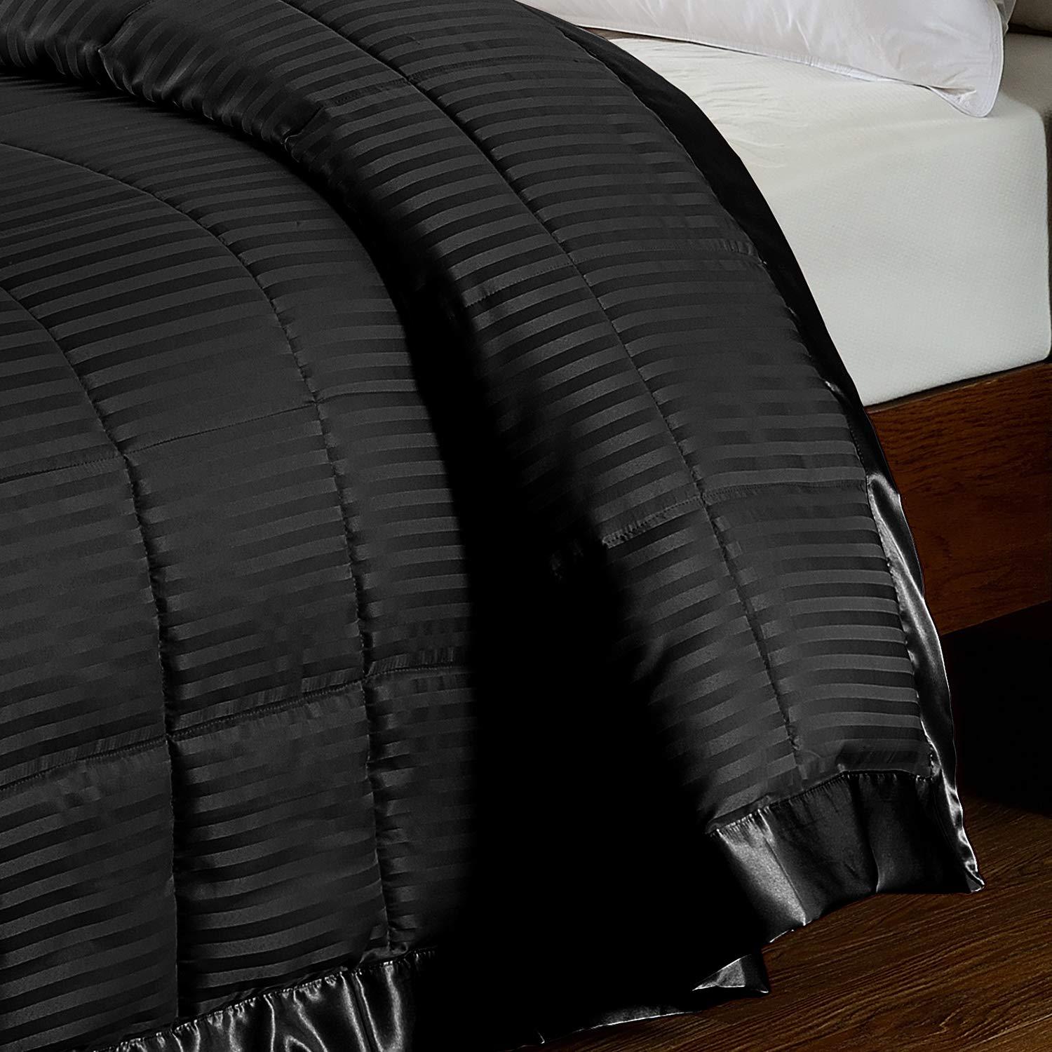 Wega Linen Wega Linen 100% Cotton Lightweight Down Alternative Blanket with Satin Trim,Oversized Queen Size 600 GSM,Soft Fluffy,Baffle Box Stitched Only Comforter with 4 Pillowcovers(5 PC | Black)