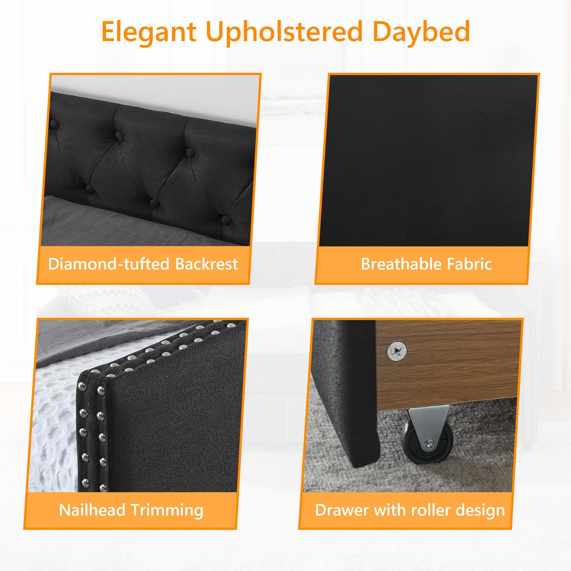 Flieks Flieks Linen Upholstered Full Daybed with Two Storage Drawers, Full Size Button Tufted Sofa Bed Daybed with Nailhead Trim and Wood Slat Support (Black)