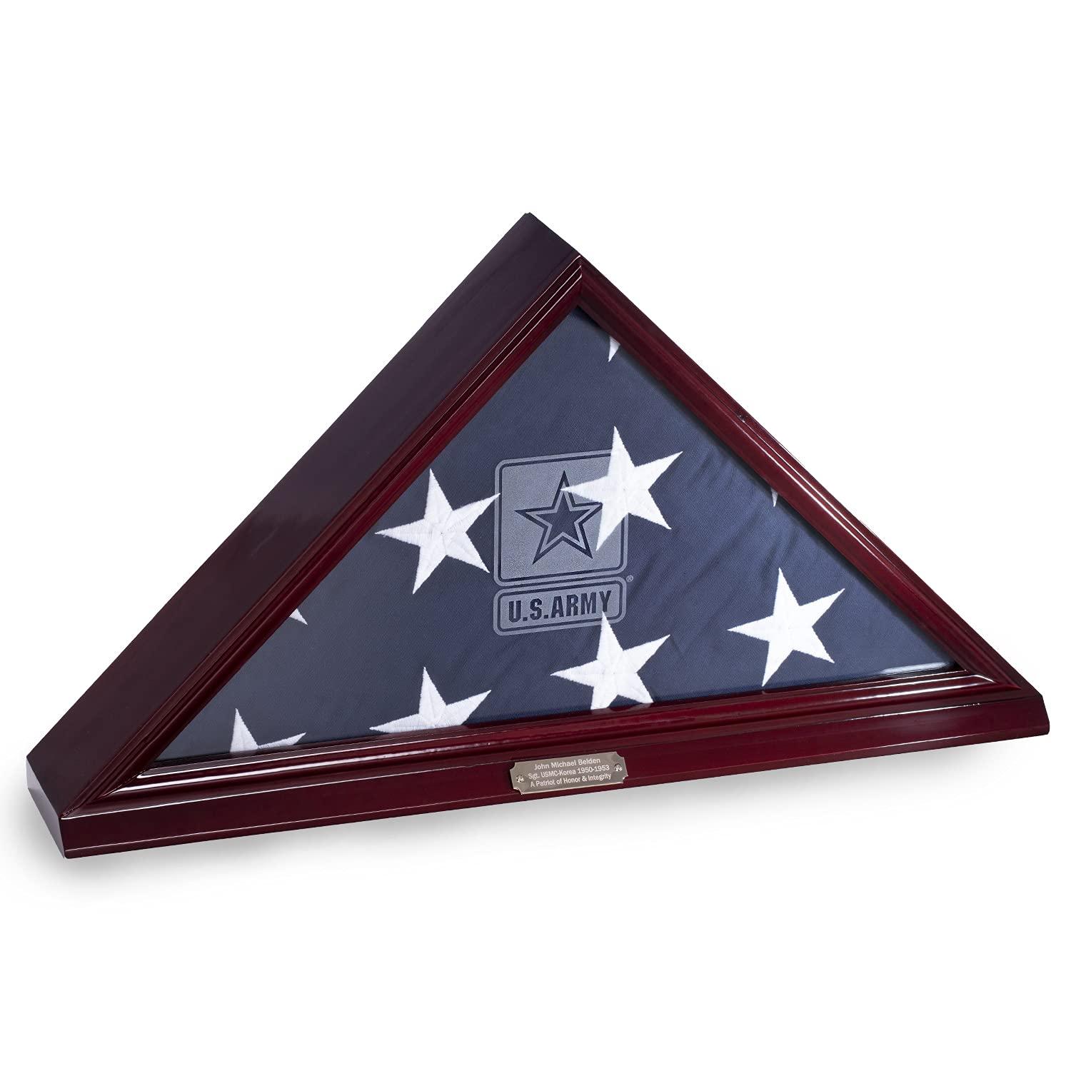 Bey-Berk Custom Personalized US Army American Flag Display Case for 5\' x 9.5\' ft Funeral or Burial Flag (Mahogany)