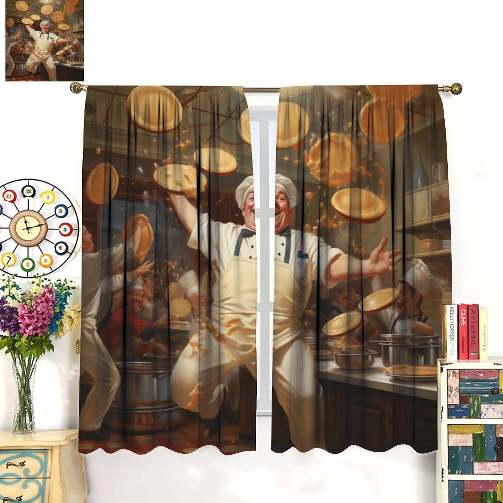 YungHo YungHo Chef Curtains, Fat Chef Door Busy Scene in The Kitchen Patterned Blackout Window Treatment, Beautiful Room Dcor & Easy Set Up 21" W x 45" L x2Decor