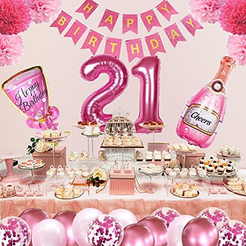 Crenics Crenics 21st Birthday Decorations for Her - Rose Pink Happy Birthday Banner, Pom Poms, 21 Number Balloon, Lipstick Champagne Balloons and 24 Latex Balloons for 21st Girls Women Birthday Party Supplies