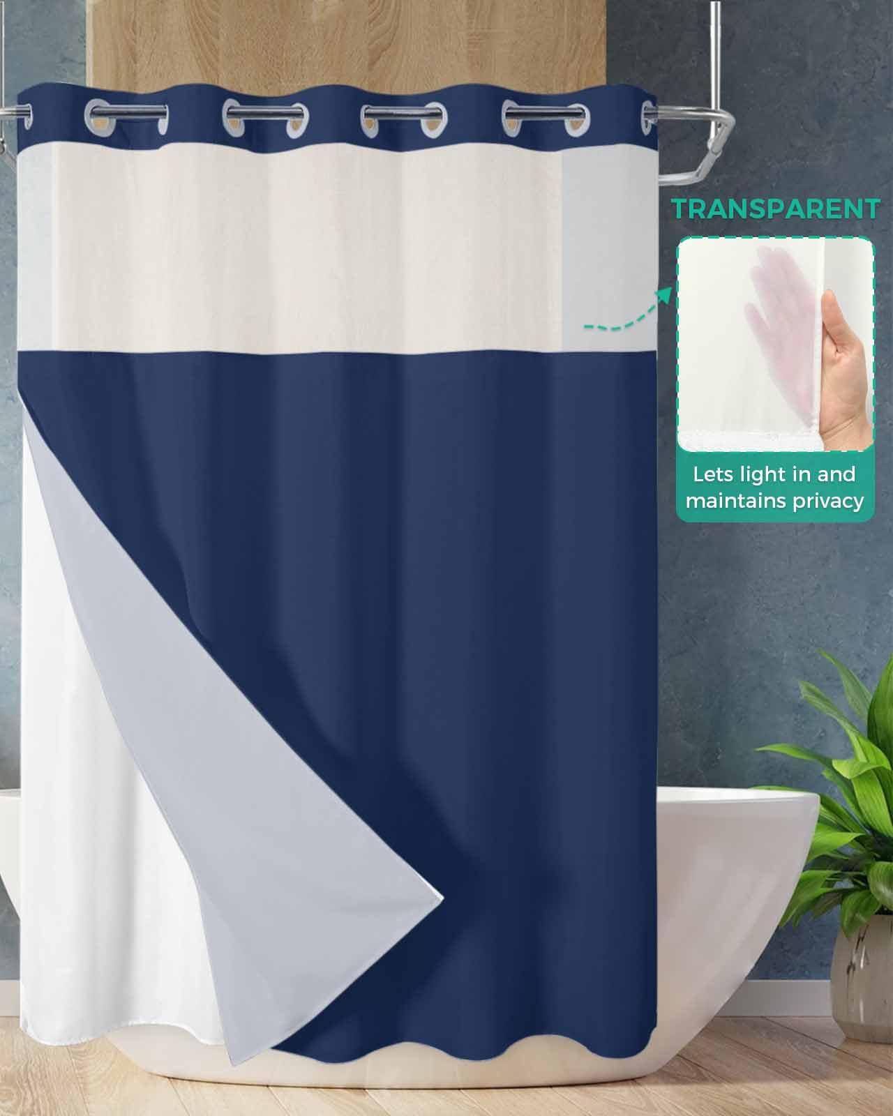 PIEPLE No Hook Shower Curtains with Snap in Liner, Navy Blue Waterproof Fabric Shower Curtain, Pure Blue Solid Color Simple Minimalism Art Double Layers & See-Through Top Window Bathroom Curtains 60''x72''