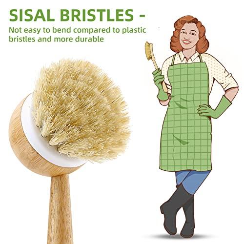 SUBEKYU SUBEKYU Dish Brush with Handle, Natural Bamboo Dish Scrubber Brush, Kitchen Dishwashing Brush for Cleaning Dishes/Pans/Pots/Sinks, Sisal Bristles, 2P