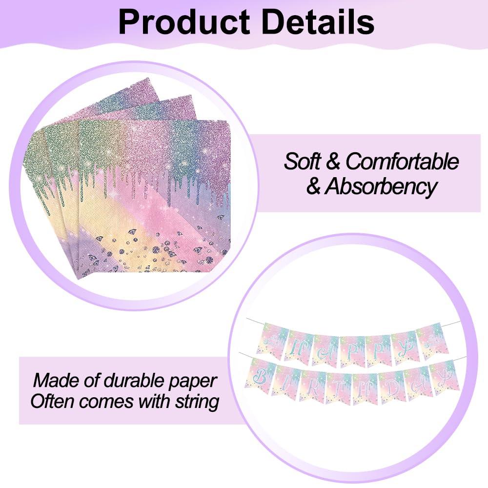 IPEWOEF Gradient Diamond Birthday Party Supplies Macaron Glitter Holographic Disposable Tableware Iridescent Party Decorations Paper Plates Napkins Banner Tablecloth for Girl Kid Baby Shower Wedding 10 Guests