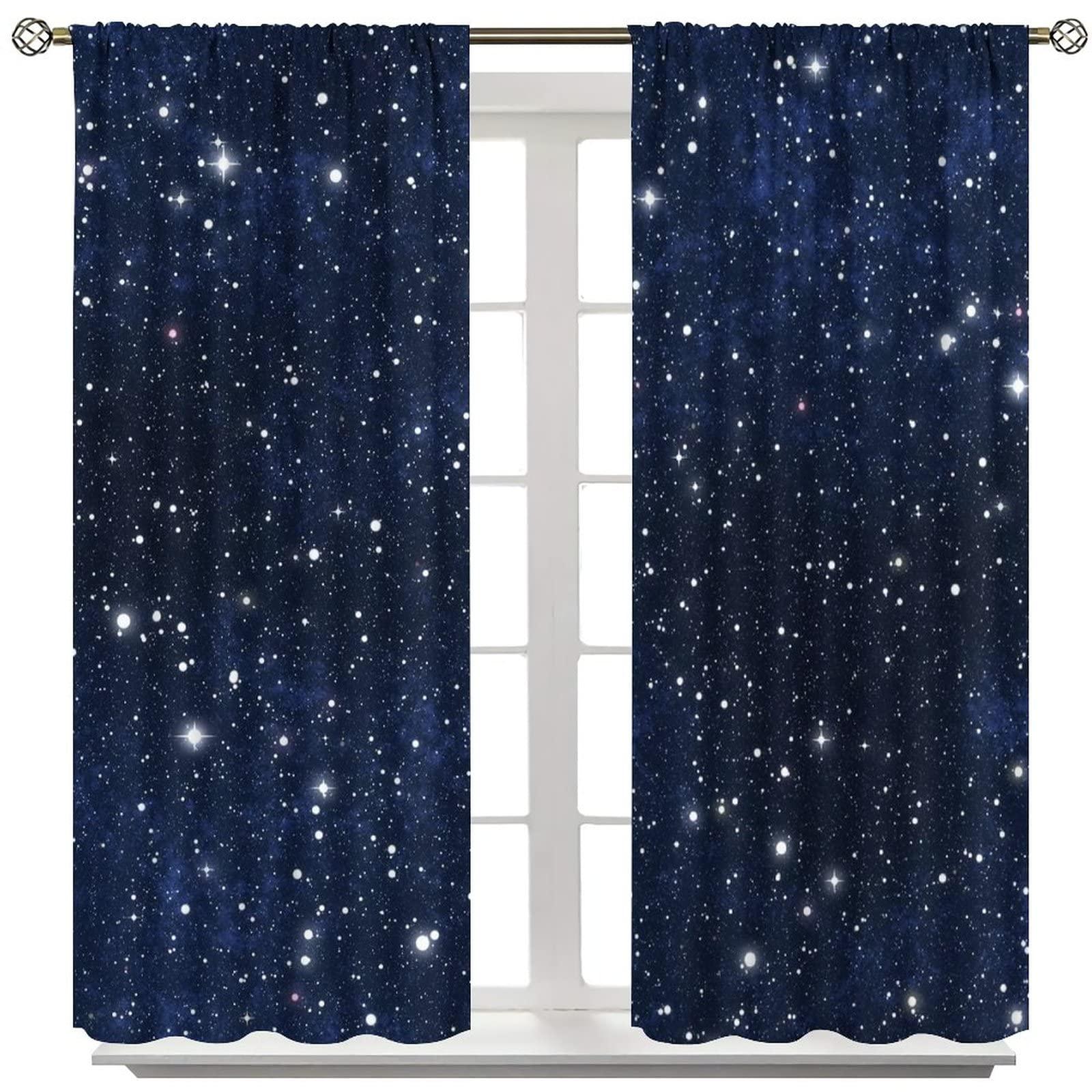 BAEKJIN Night Sky Space Curtains Dark Blue Universe Galaxy Nebula Stars Printed Art Rod Pocket Blackout Window Drapes 2 Panels Set for Bedroom Living Room Decor 42x63in
