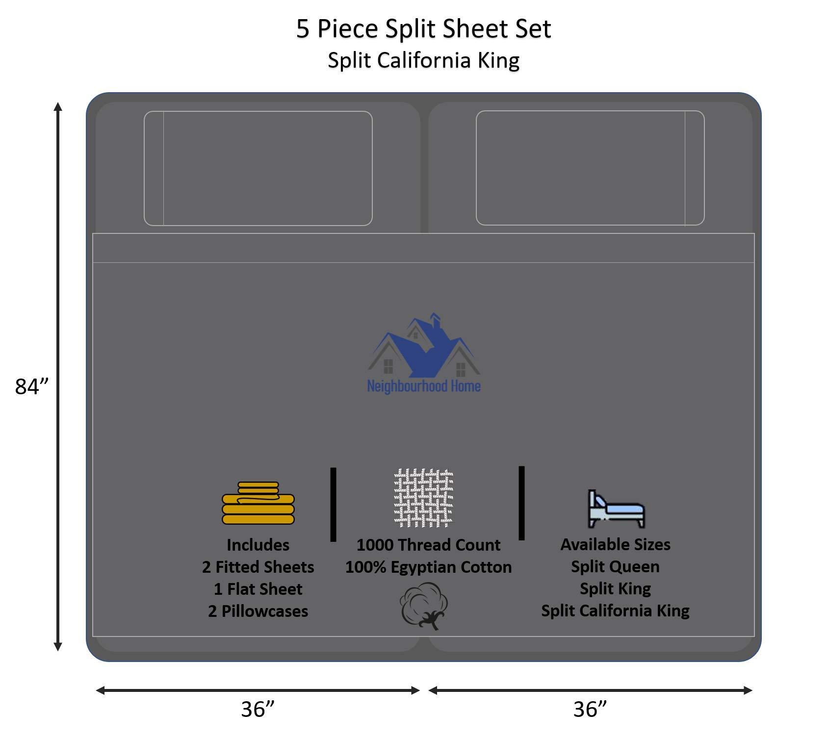 Neighbourhood Home Split California King Egyptian Cotton Sheets Sets for Adjustable Bed 22-Inches Extra Deep Pocket- 1000-Thread-Count, 100% Egyptian Cotton 5-PC Sheet Set Soft Breathable Sateen Weave - Dark Grey