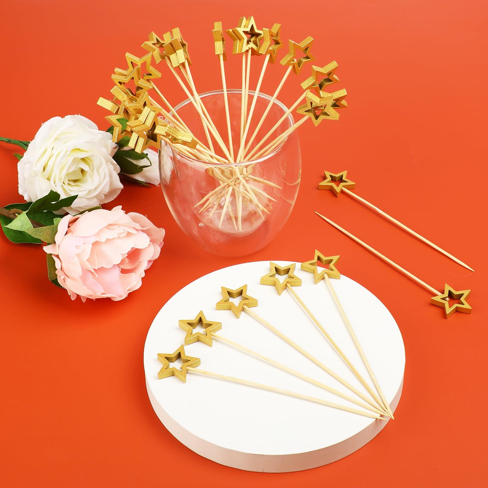 Aiyorse 100PCS Gold Star Bamboo Cocktail Picks, 5.5 Inch Christmas Fancy Toothpicks for Appetizers, Decorative Cocktail Picks for Party Decoration, Appetizer Skewers for Charcuterie Drinks Desserts Fruit