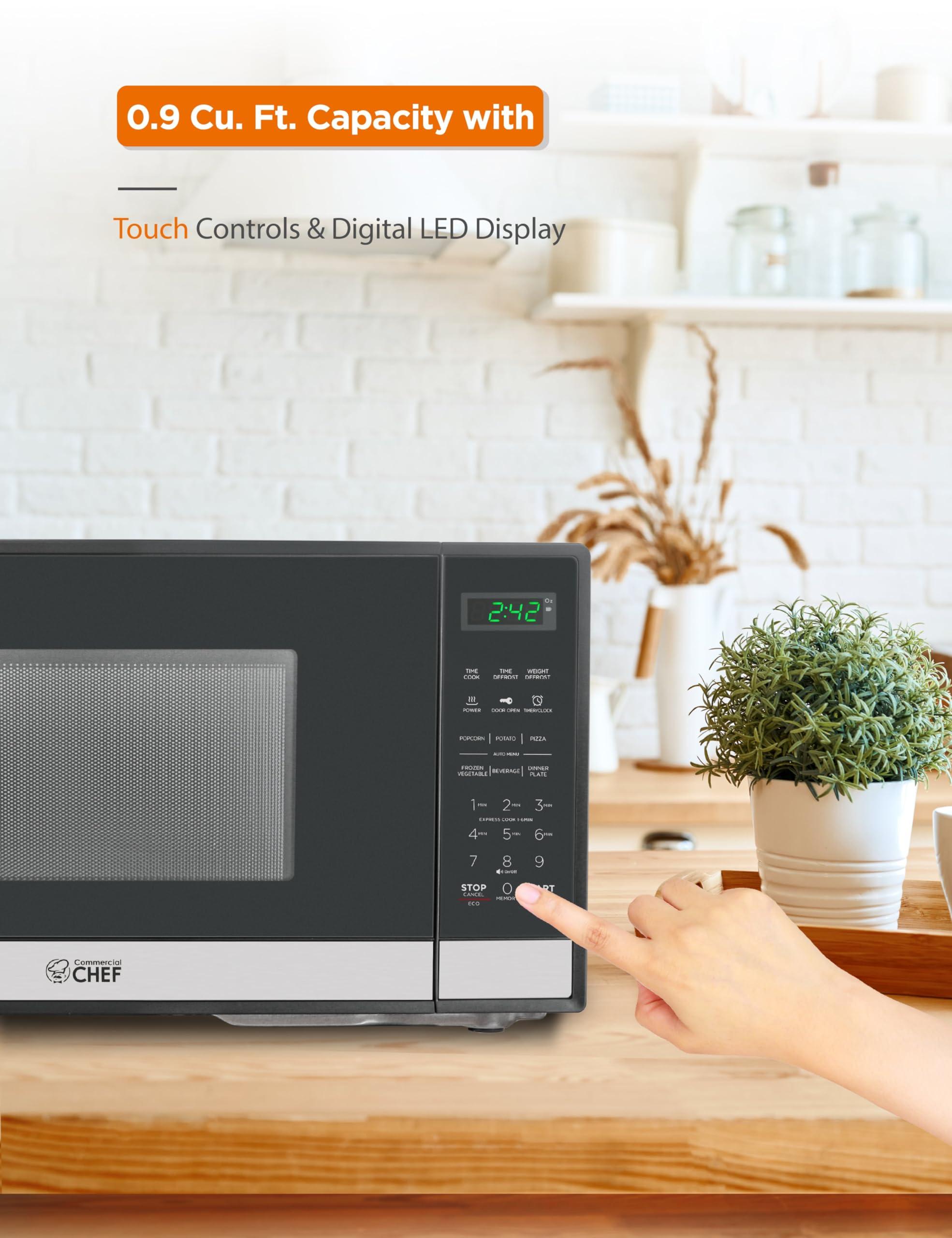 Commercial CHEF Commercial CHEF Small Microwave 0.9 Cu. Ft. Countertop Microwave with Touch Controls & Digital Display, Stainless Steel Microwave & 10 Power Levels, Outstanding Portable Microwave with Pull Handle