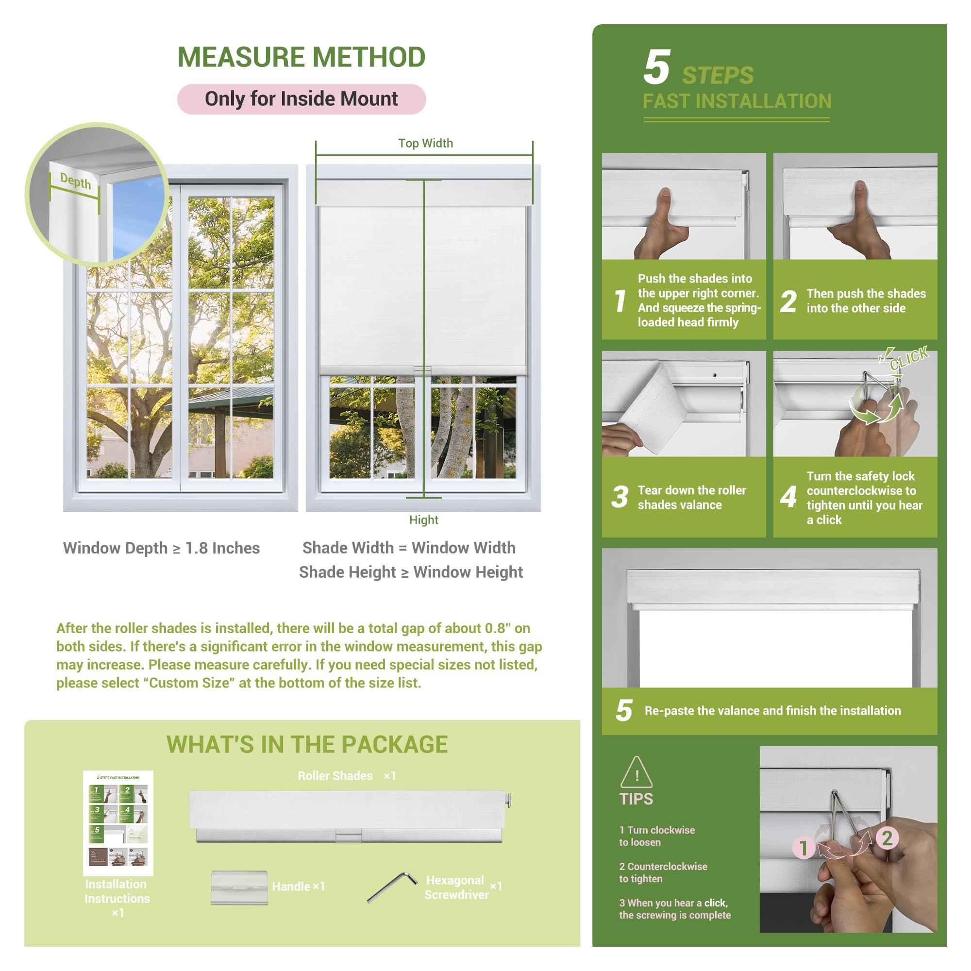 MoDanCeQ MoDanCeQ No Drill No Tools Blackout Roller Shades for Windows, Cordless Blinds with Linen Fabric-Matched, Custom Roller Blinds for Home Office Door, White, 53" W x 64" H
